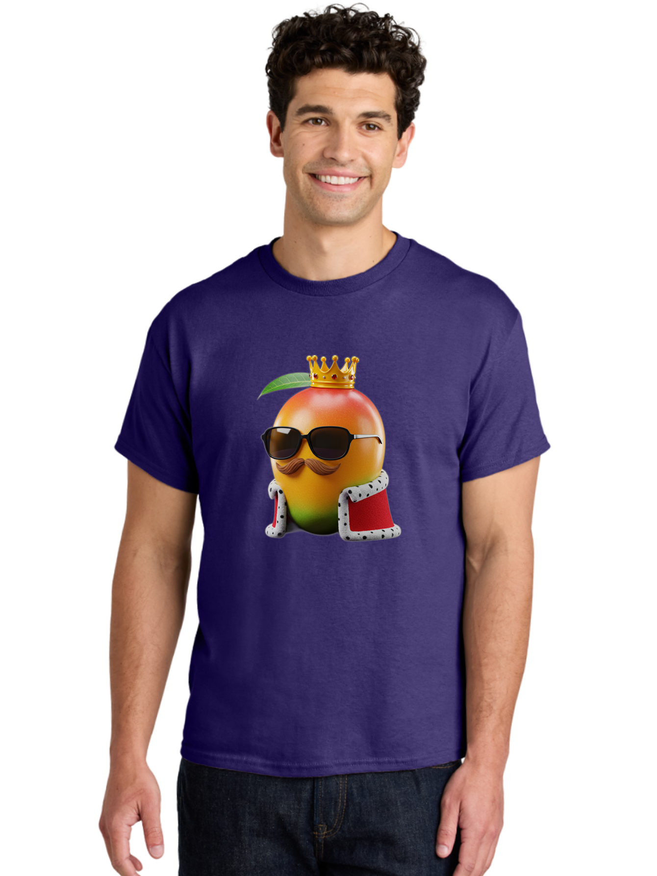Mango-King Men'S Graphic Tee, 100% Cotton, Comfortable Casual Summer Wear, Machine Washable, Cartoon Mango Character, Mango With Sunglasses, Crown On Mango, Royal Treatment, Funny Fruit, Mango Illustration, Whimsical Design, Playful Art, Bac151