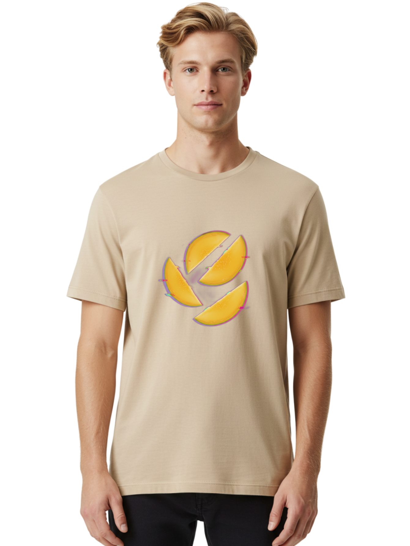 Mango-Slices Men'S Graphic Tee, 100% Cotton, Comfortable Casual Summer Wear, Machine Washable, Mango Slices, Fresh Fruit, Sliced Mango, Fruit Arrangement, Healthy Snack, Sweet Treat, Tropical Flavor, Vibrant Yellow, Culinary Delight Bac152
