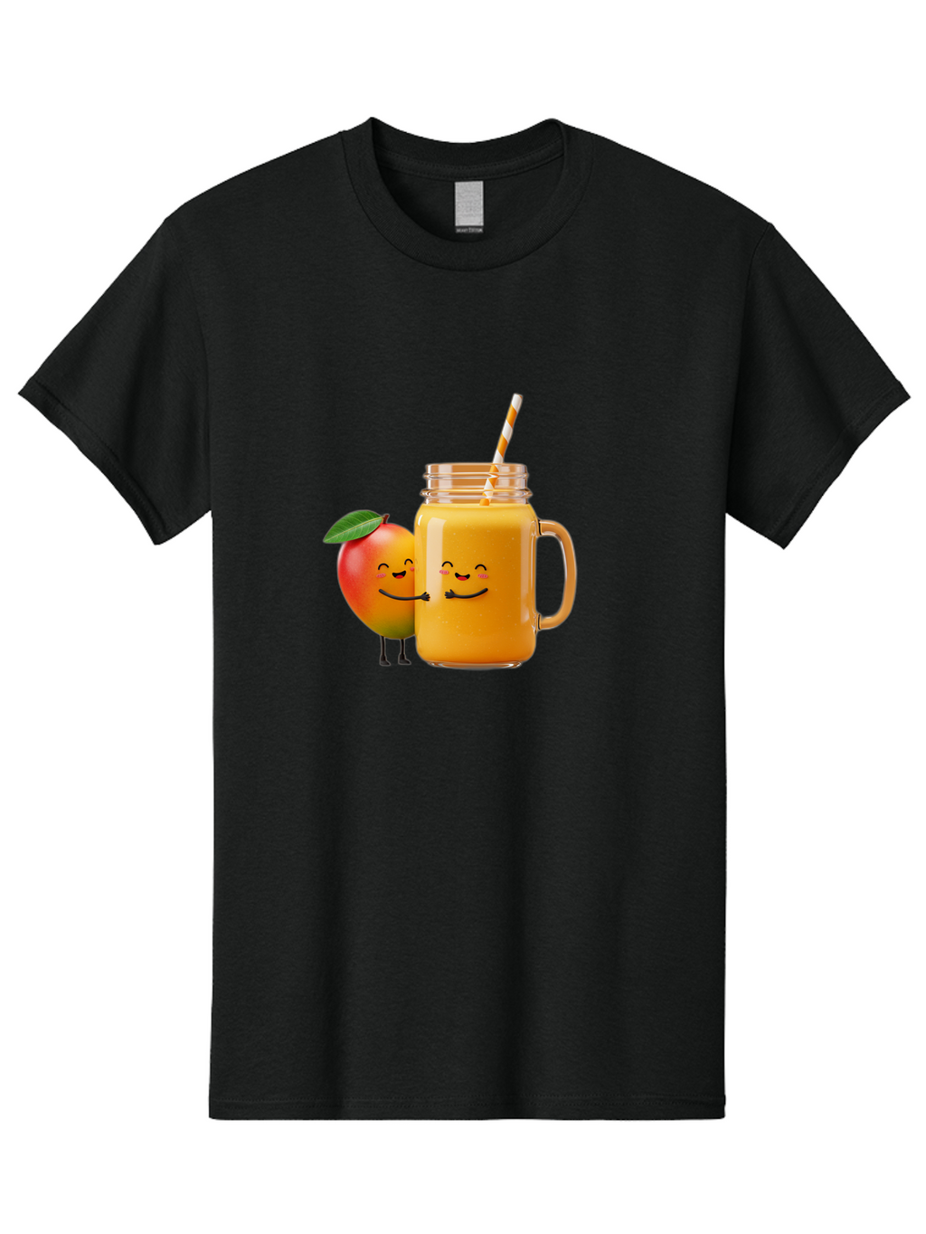 Mango-Smoothie-1 Men'S Graphic Tee, 100% Cotton, Comfortable Casual Summer Wear, Machine Washable, Mango Smoothie, Cartoon Characters, Healthy Drink, Orange Juice, Happy Fruit, Refreshing Beverage, Smiling Face, Straw In Glass Bac153