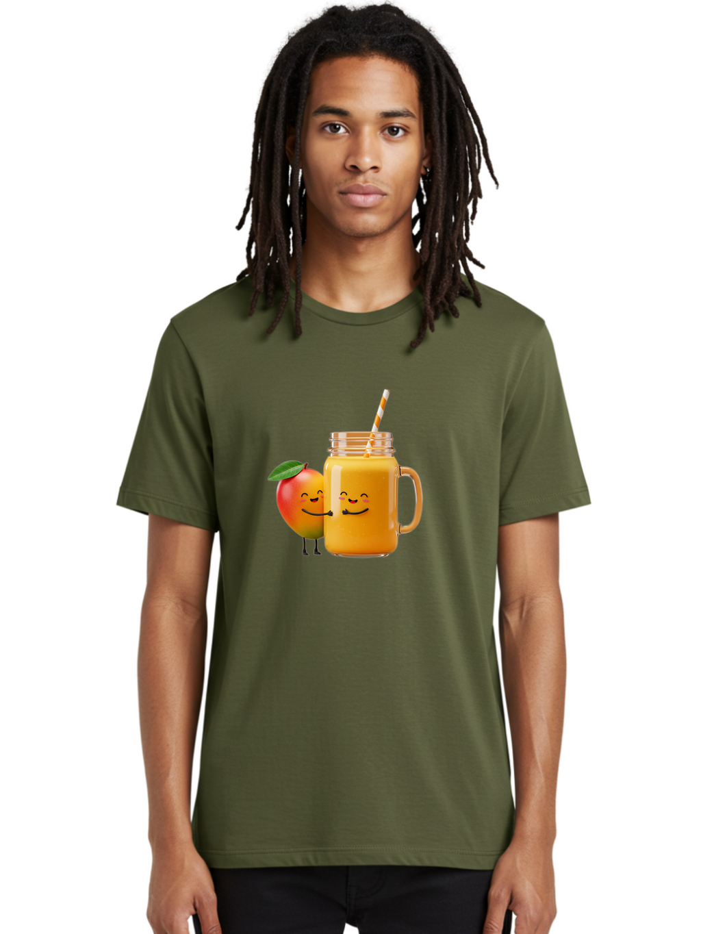 Mango-Smoothie-1 Men'S Graphic Tee, 100% Cotton, Comfortable Casual Summer Wear, Machine Washable, Mango Smoothie, Cartoon Characters, Healthy Drink, Orange Juice, Happy Fruit, Refreshing Beverage, Smiling Face, Straw In Glass Bac153