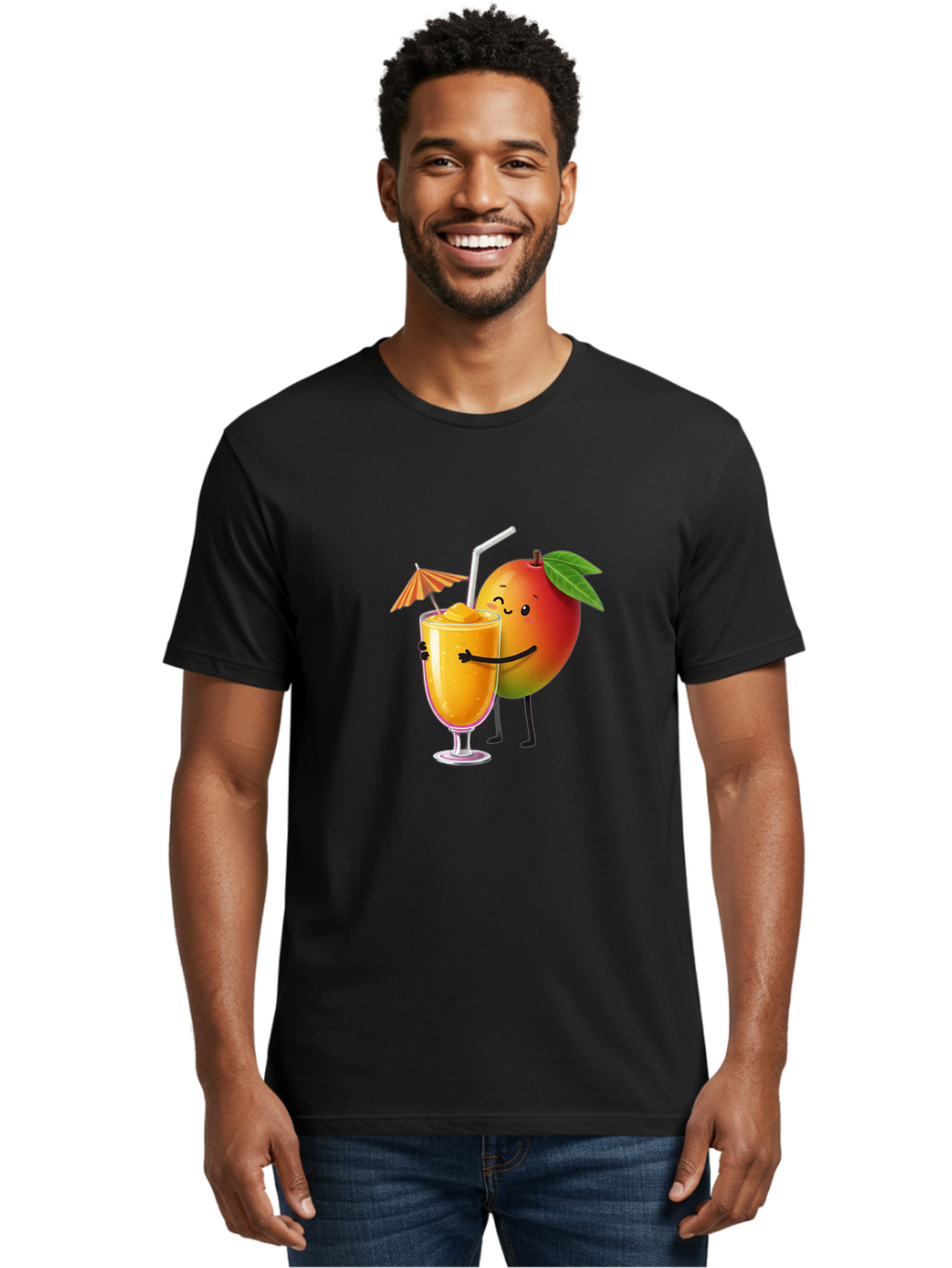 Mango-Smoothie-3 Men'S Graphic Tee, 100% Cotton, Comfortable Casual Summer Wear, Machine Washable, Mango Character, Smiling Face, Orange Drink, Straw, Umbrella, Cartoon Style, Funny, Vibrant Orange, Tropical Flavors, Happy Emoji, Smoothie, Bac155