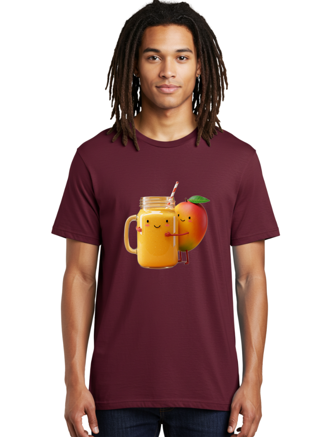 Mango-Smoothie-4 Men'S Graphic Tee, 100% Cotton, Comfortable Casual Summer Wear, Machine Washable, Mason Jar With Straw, Smiling Jar, Mango Character, Orange Smoothie, Healthy Drink, Cartoon-Style Illustration, Smiling Faces, Happy Vibe, Bac156
