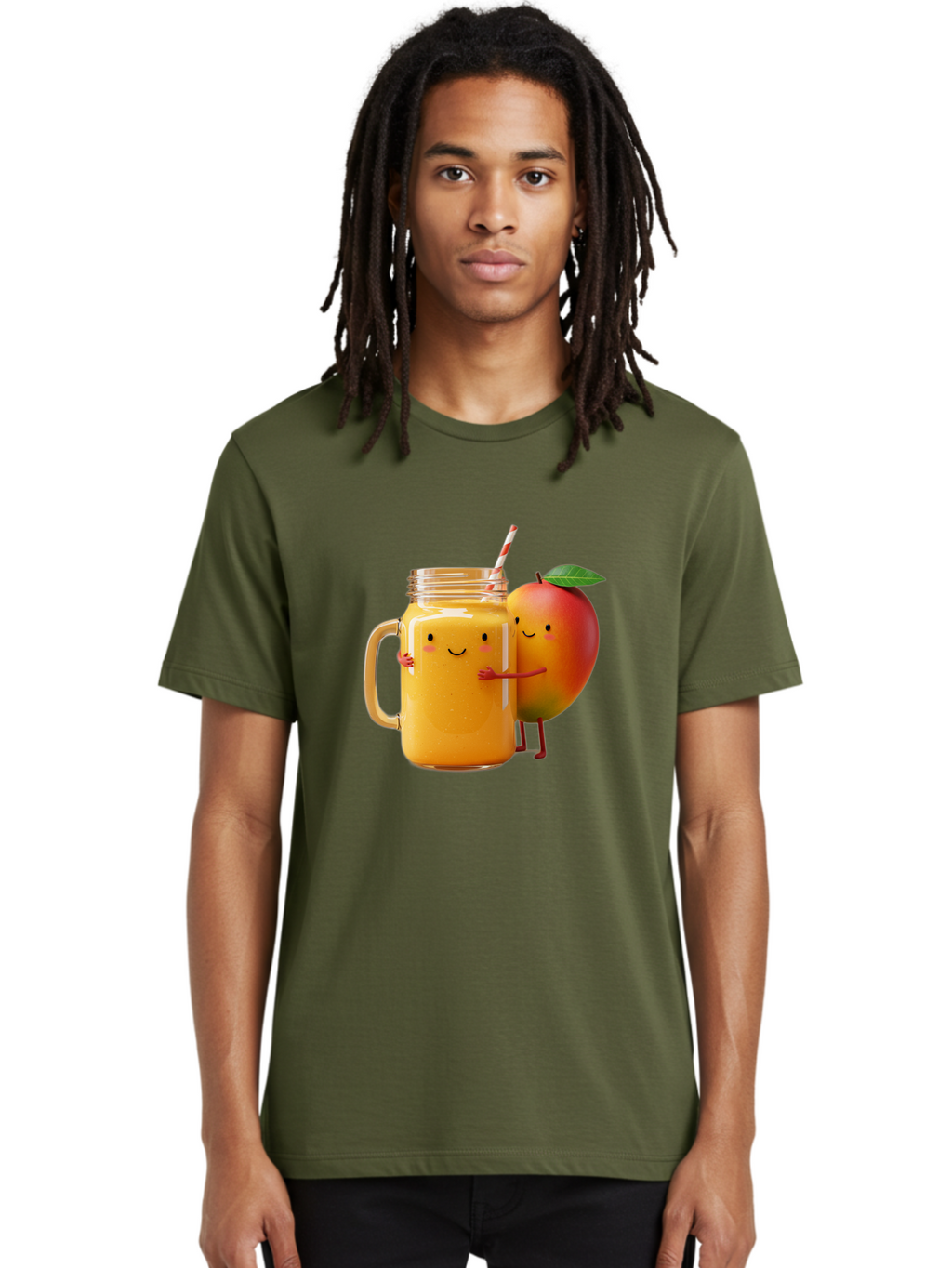 Mango-Smoothie-4 Men'S Graphic Tee, 100% Cotton, Comfortable Casual Summer Wear, Machine Washable, Mason Jar With Straw, Smiling Jar, Mango Character, Orange Smoothie, Healthy Drink, Cartoon-Style Illustration, Smiling Faces, Happy Vibe, Bac156