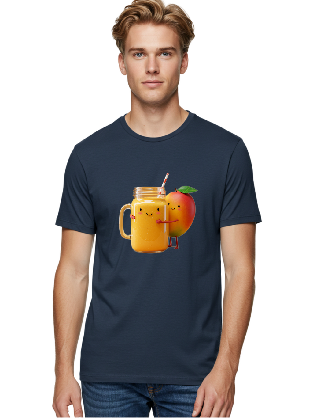 Mango-Smoothie-4 Men'S Graphic Tee, 100% Cotton, Comfortable Casual Summer Wear, Machine Washable, Mason Jar With Straw, Smiling Jar, Mango Character, Orange Smoothie, Healthy Drink, Cartoon-Style Illustration, Smiling Faces, Happy Vibe, Bac156