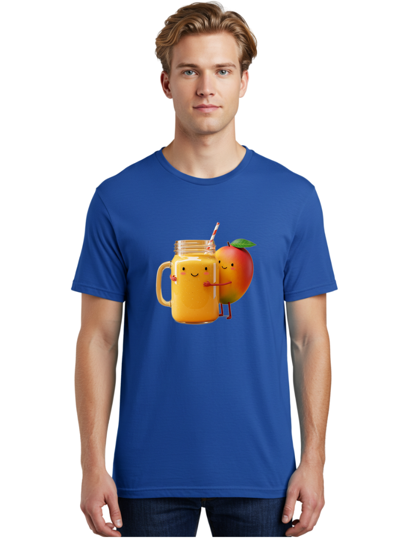 Mango-Smoothie-4 Men'S Graphic Tee, 100% Cotton, Comfortable Casual Summer Wear, Machine Washable, Mason Jar With Straw, Smiling Jar, Mango Character, Orange Smoothie, Healthy Drink, Cartoon-Style Illustration, Smiling Faces, Happy Vibe, Bac156