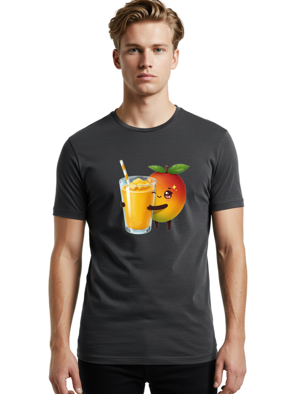 Mango-Smoothie Men'S Graphic Tee, 100% Cotton, Comfortable Casual Summer Wear, Machine Washable, Mango Smoothie, Orange Drink, Cartoon Fruit, Yellow Beverage, Glass With Straw, Mango Chunks, Fruit Character, Healthy Drink, Refreshing Beverage, Bac160