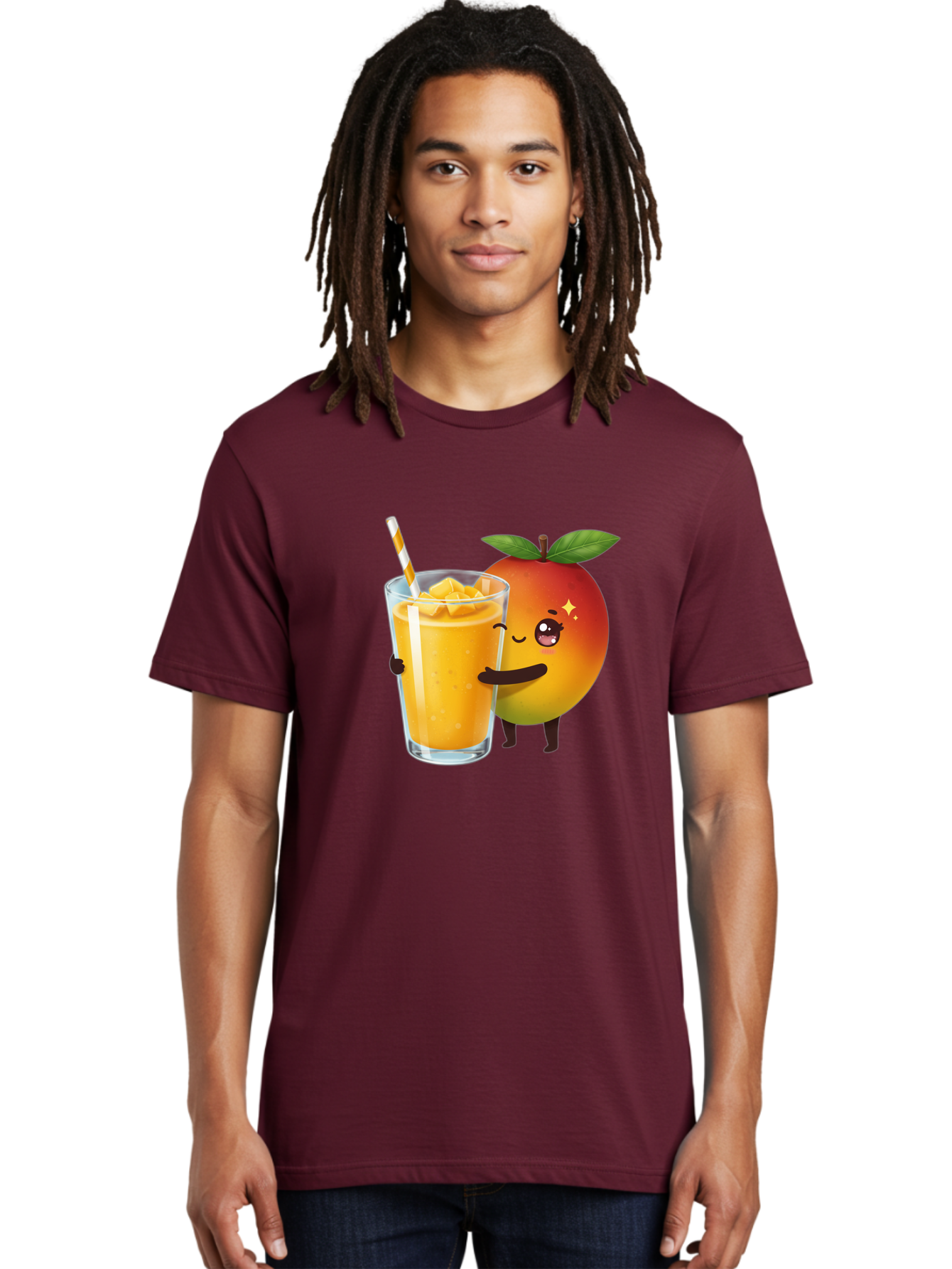 Mango-Smoothie Men'S Graphic Tee, 100% Cotton, Comfortable Casual Summer Wear, Machine Washable, Mango Smoothie, Orange Drink, Cartoon Fruit, Yellow Beverage, Glass With Straw, Mango Chunks, Fruit Character, Healthy Drink, Refreshing Beverage, Bac160