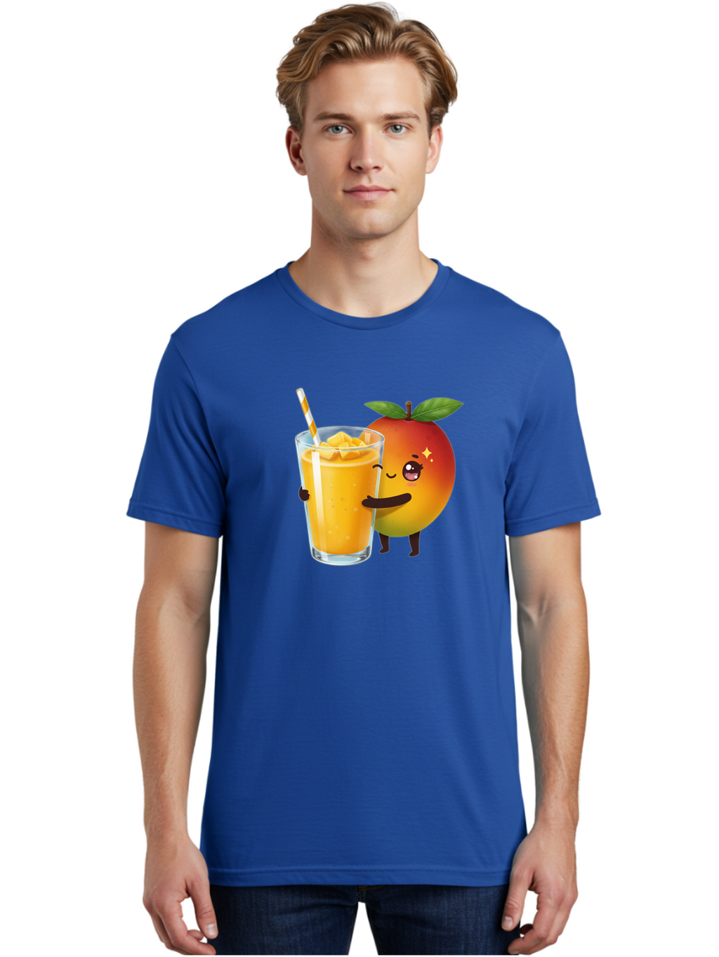 Mango-Smoothie Men'S Graphic Tee, 100% Cotton, Comfortable Casual Summer Wear, Machine Washable, Mango Smoothie, Orange Drink, Cartoon Fruit, Yellow Beverage, Glass With Straw, Mango Chunks, Fruit Character, Healthy Drink, Refreshing Beverage, Bac160