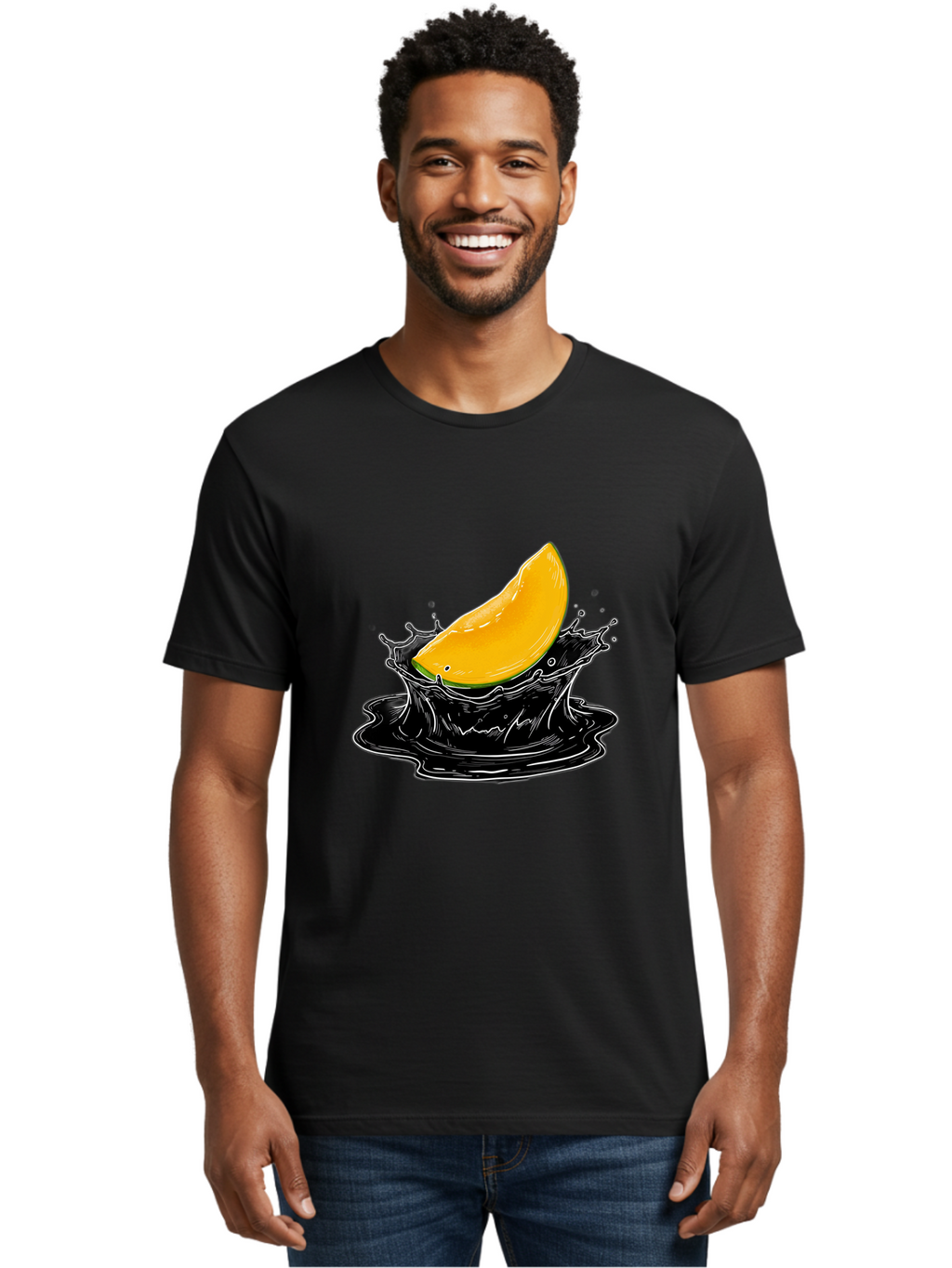 Mango-Splash-3 Men'S Graphic Tee, 100% Cotton, Comfortable Casual Summer Wear, Machine Washable, Mango Slice, Splash Effect, Black Liquid, Vibrant Yellow, Juicy Texture, Fruit Illustration, Dynamic Splash, Abstract Art Bac163