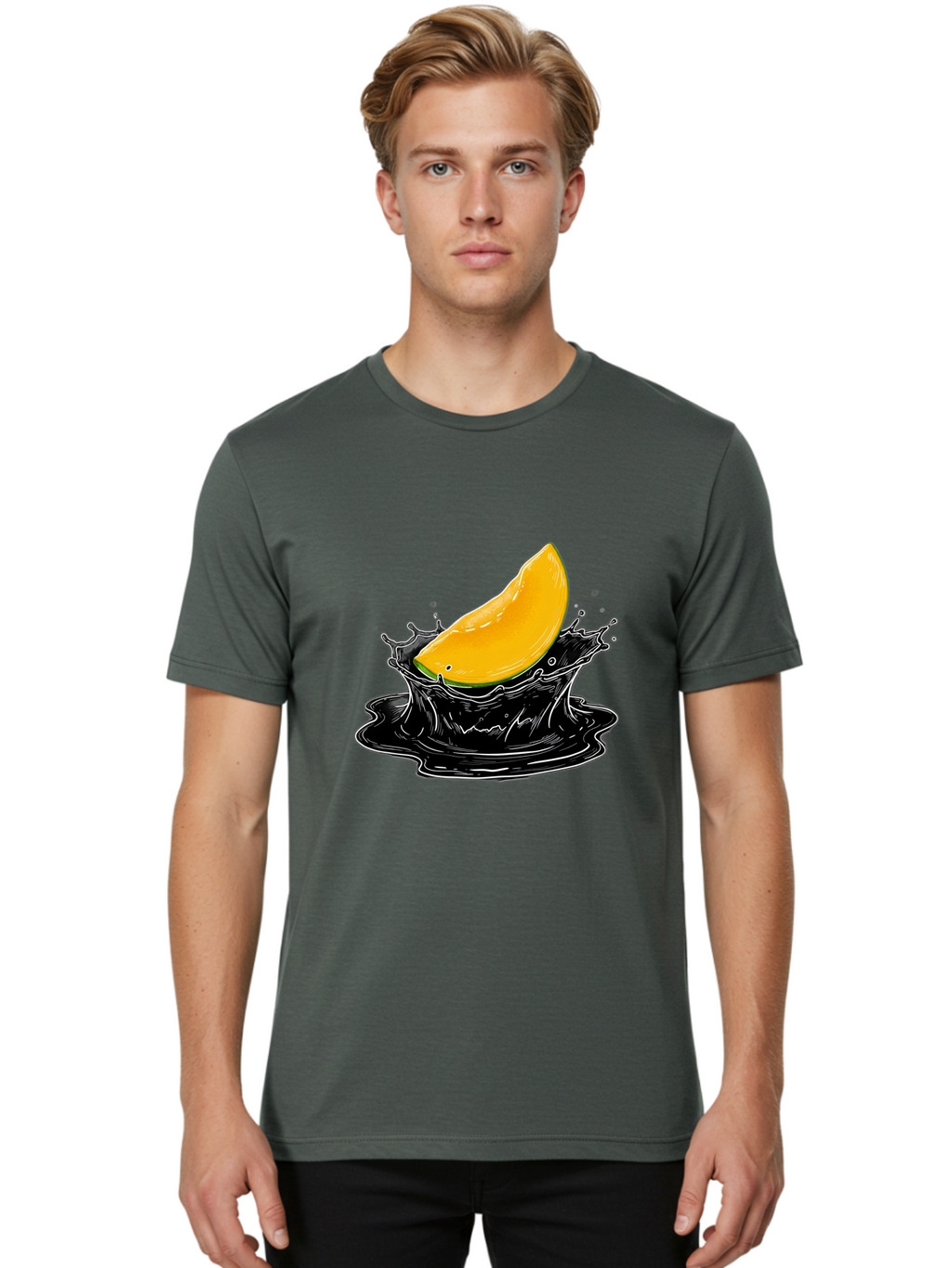 Mango-Splash-3 Men'S Graphic Tee, 100% Cotton, Comfortable Casual Summer Wear, Machine Washable, Mango Slice, Splash Effect, Black Liquid, Vibrant Yellow, Juicy Texture, Fruit Illustration, Dynamic Splash, Abstract Art Bac163