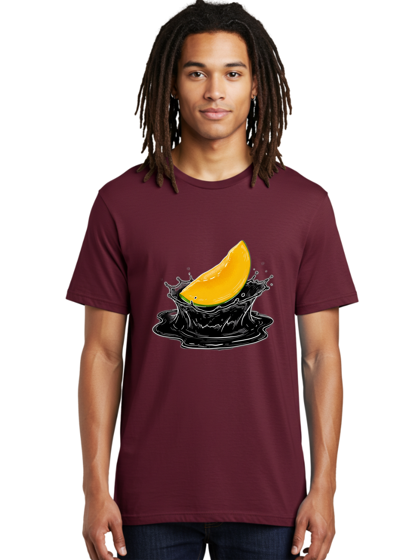 Mango-Splash-3 Men'S Graphic Tee, 100% Cotton, Comfortable Casual Summer Wear, Machine Washable, Mango Slice, Splash Effect, Black Liquid, Vibrant Yellow, Juicy Texture, Fruit Illustration, Dynamic Splash, Abstract Art Bac163