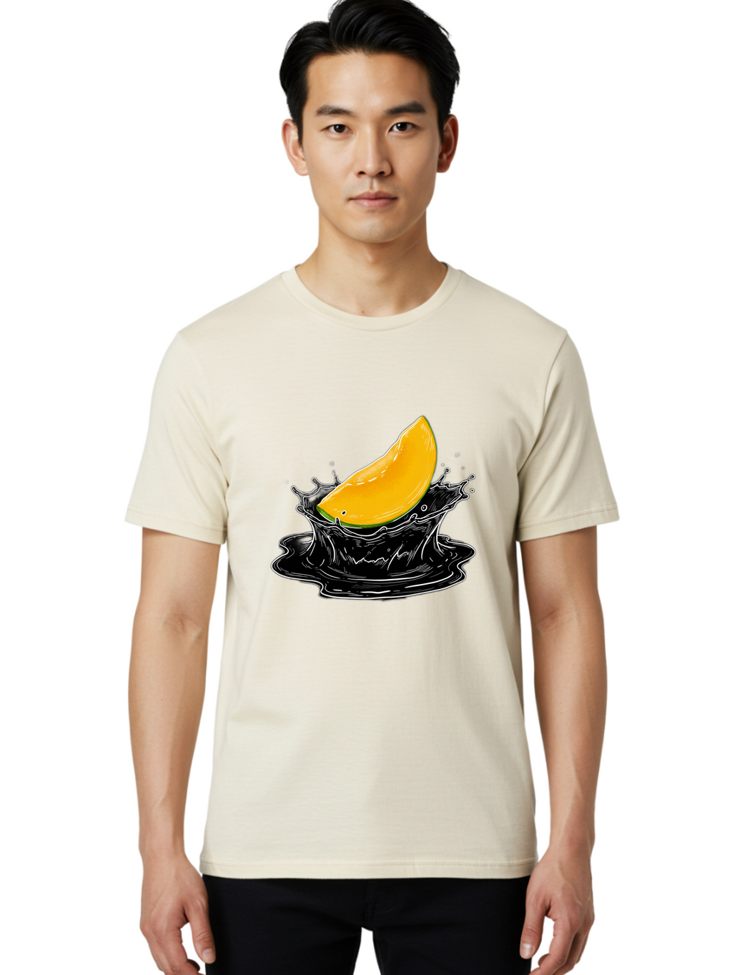 Mango-Splash-3 Men'S Graphic Tee, 100% Cotton, Comfortable Casual Summer Wear, Machine Washable, Mango Slice, Splash Effect, Black Liquid, Vibrant Yellow, Juicy Texture, Fruit Illustration, Dynamic Splash, Abstract Art Bac163