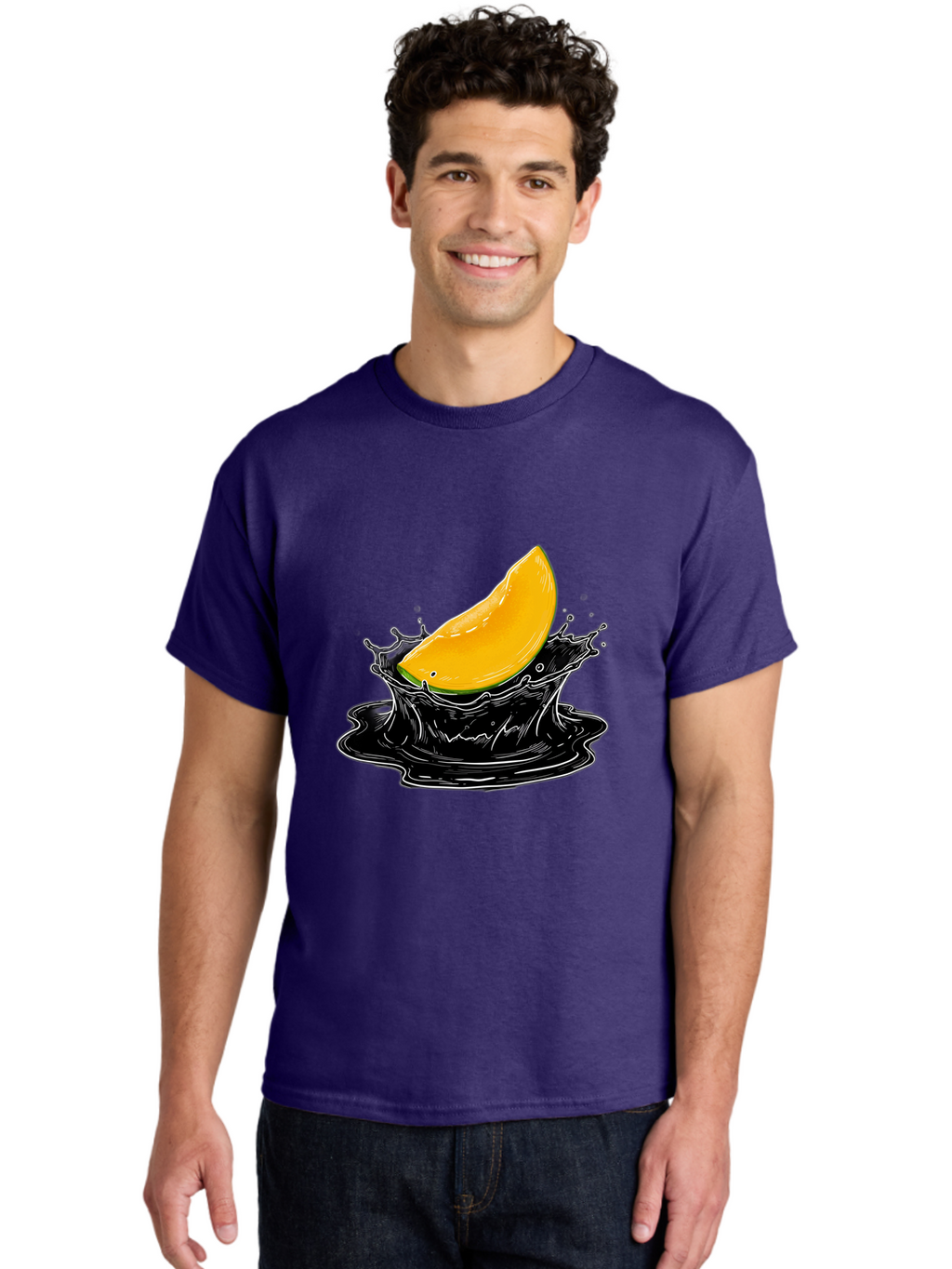 Mango-Splash-3 Men'S Graphic Tee, 100% Cotton, Comfortable Casual Summer Wear, Machine Washable, Mango Slice, Splash Effect, Black Liquid, Vibrant Yellow, Juicy Texture, Fruit Illustration, Dynamic Splash, Abstract Art Bac163