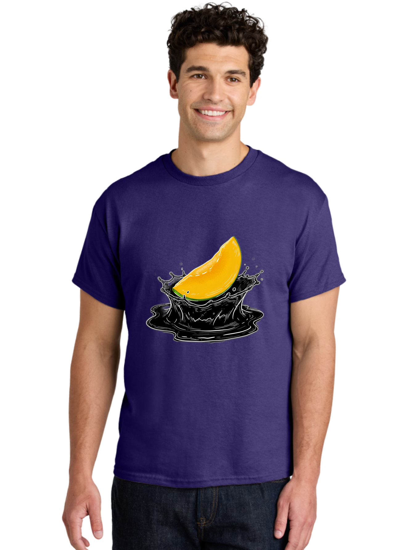 Mango-Splash-3 Men'S Graphic Tee, 100% Cotton, Comfortable Casual Summer Wear, Machine Washable, Mango Slice, Splash Effect, Black Liquid, Vibrant Yellow, Juicy Texture, Fruit Illustration, Dynamic Splash, Abstract Art Bac163