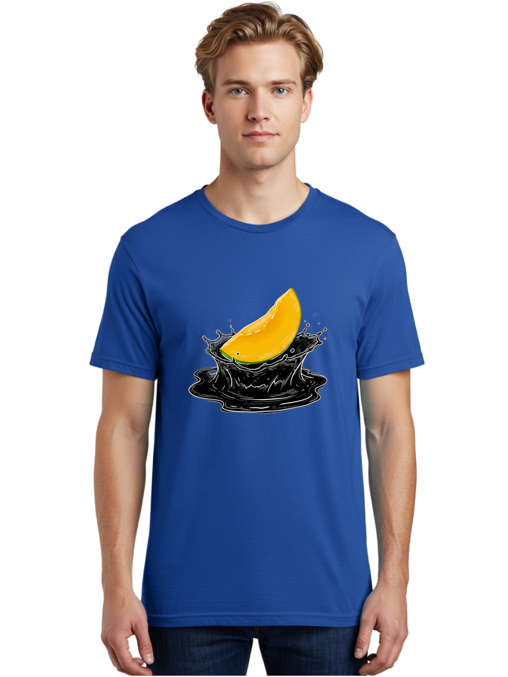 Mango-Splash-3 Men'S Graphic Tee, 100% Cotton, Comfortable Casual Summer Wear, Machine Washable, Mango Slice, Splash Effect, Black Liquid, Vibrant Yellow, Juicy Texture, Fruit Illustration, Dynamic Splash, Abstract Art Bac163