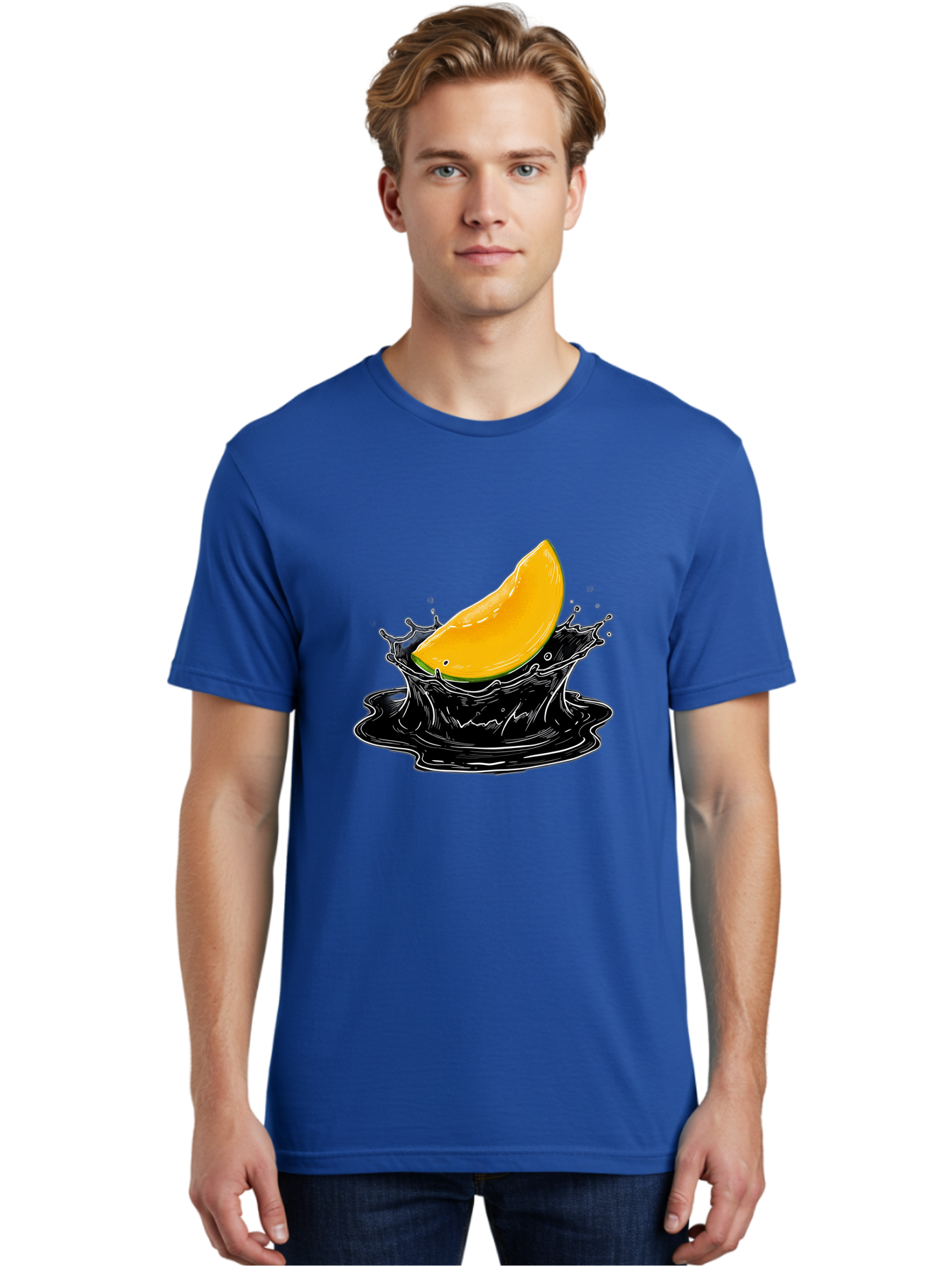 Mango-Splash-3 Men'S Graphic Tee, 100% Cotton, Comfortable Casual Summer Wear, Machine Washable, Mango Slice, Splash Effect, Black Liquid, Vibrant Yellow, Juicy Texture, Fruit Illustration, Dynamic Splash, Abstract Art Bac163