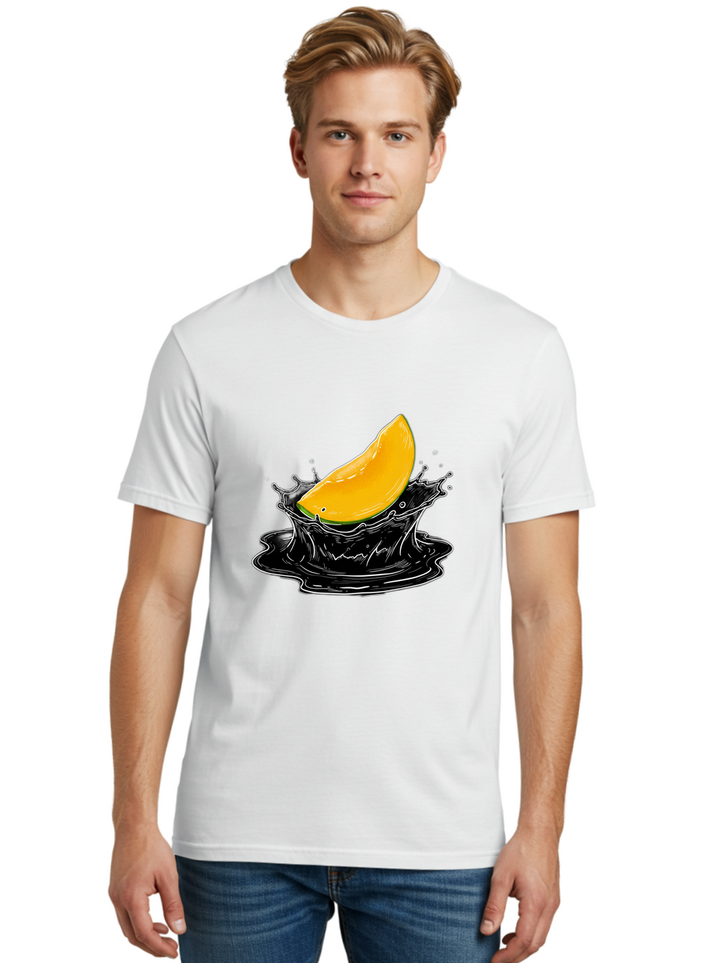 Mango-Splash-3 Men'S Graphic Tee, 100% Cotton, Comfortable Casual Summer Wear, Machine Washable, Mango Slice, Splash Effect, Black Liquid, Vibrant Yellow, Juicy Texture, Fruit Illustration, Dynamic Splash, Abstract Art Bac163