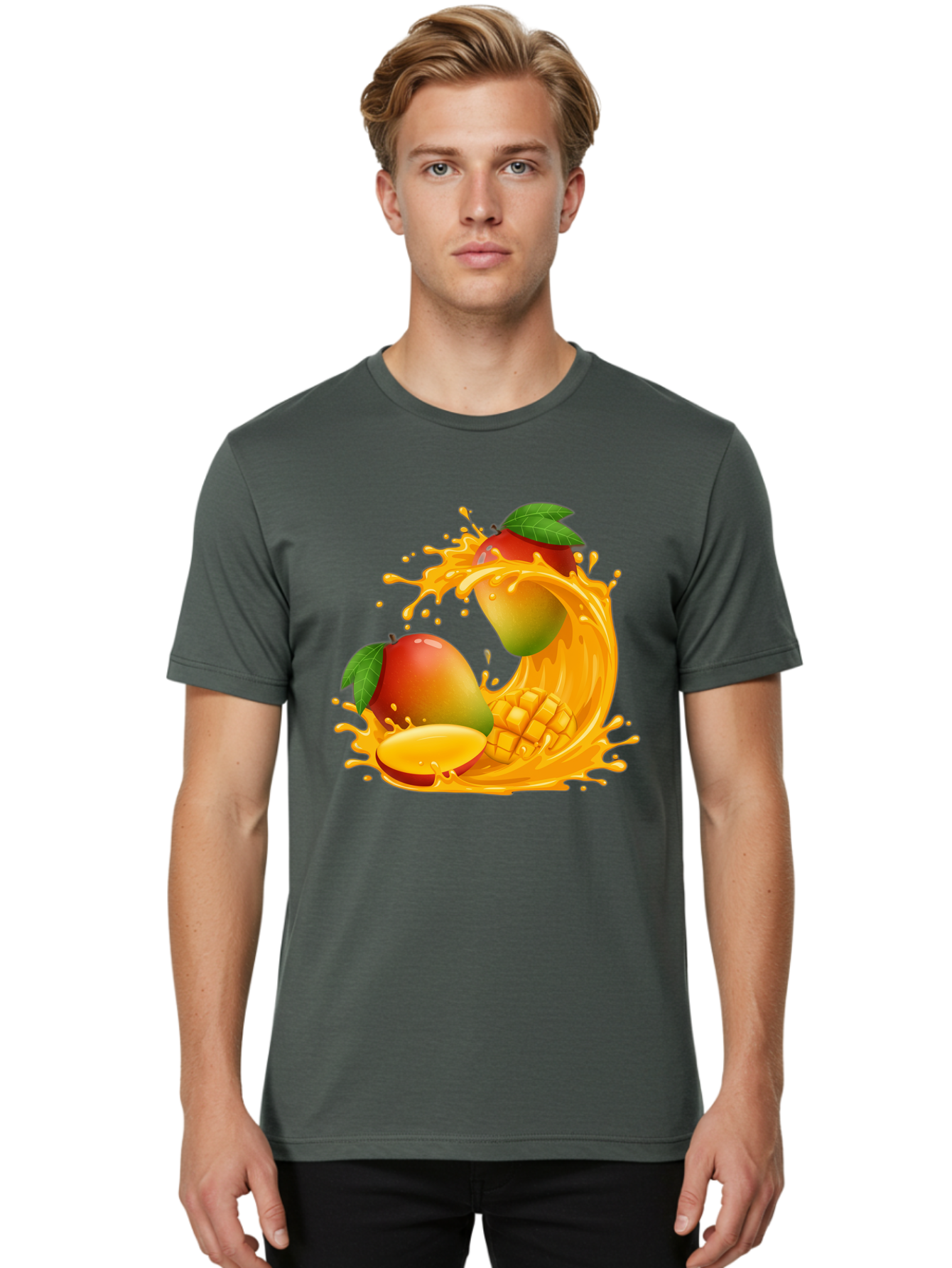 Mango-Splash-4 Men'S Graphic Tee, 100% Cotton, Comfortable Casual Summer Wear, Machine Washable, Mango Fruit, Juicy Mango, Mango Slice, Mango Juice Splash, Mango Chunks, Fresh Mango, Ripe Mango, Tropical Fruit Bac164