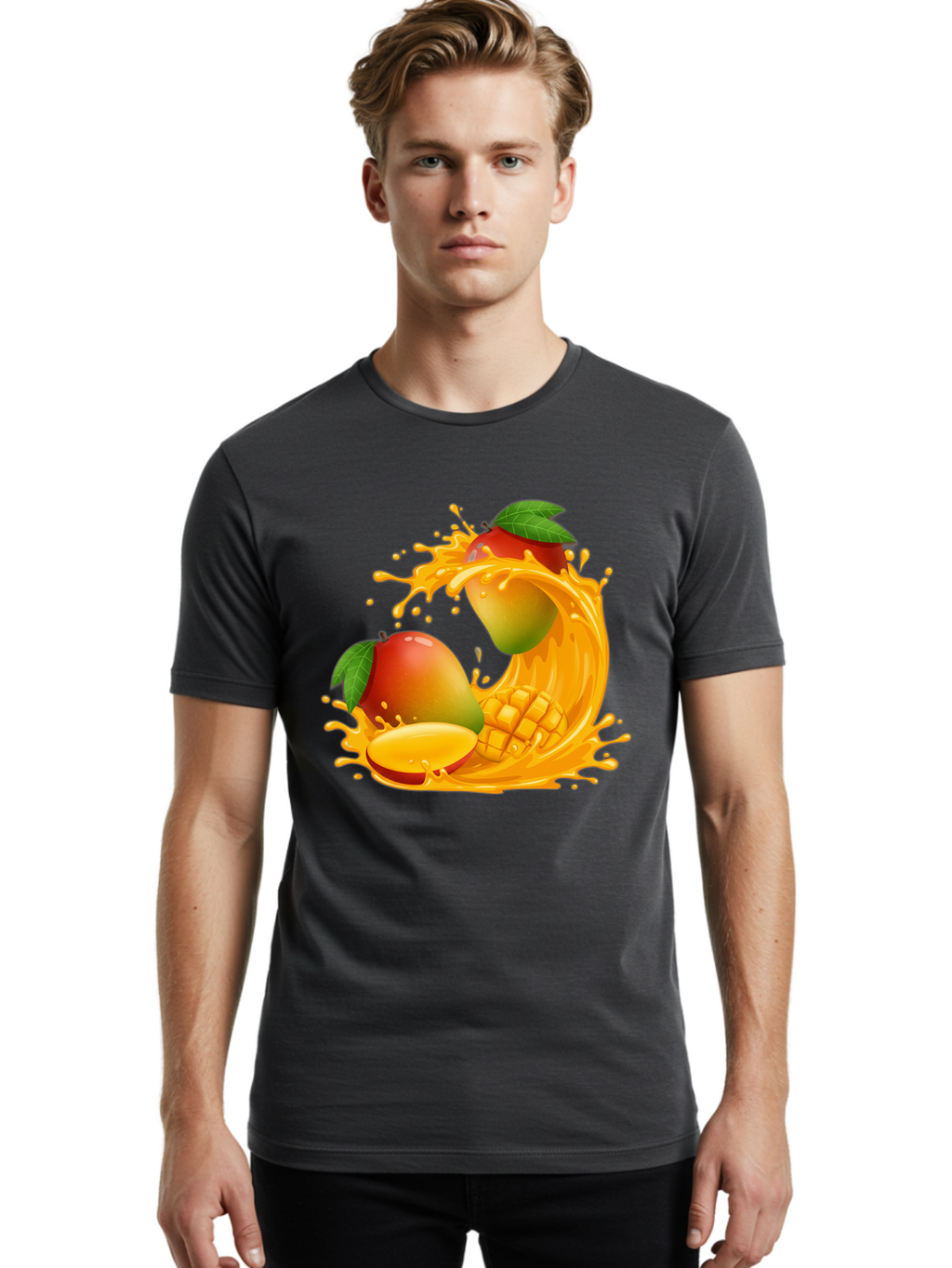 Mango-Splash-4 Men'S Graphic Tee, 100% Cotton, Comfortable Casual Summer Wear, Machine Washable, Mango Fruit, Juicy Mango, Mango Slice, Mango Juice Splash, Mango Chunks, Fresh Mango, Ripe Mango, Tropical Fruit Bac164