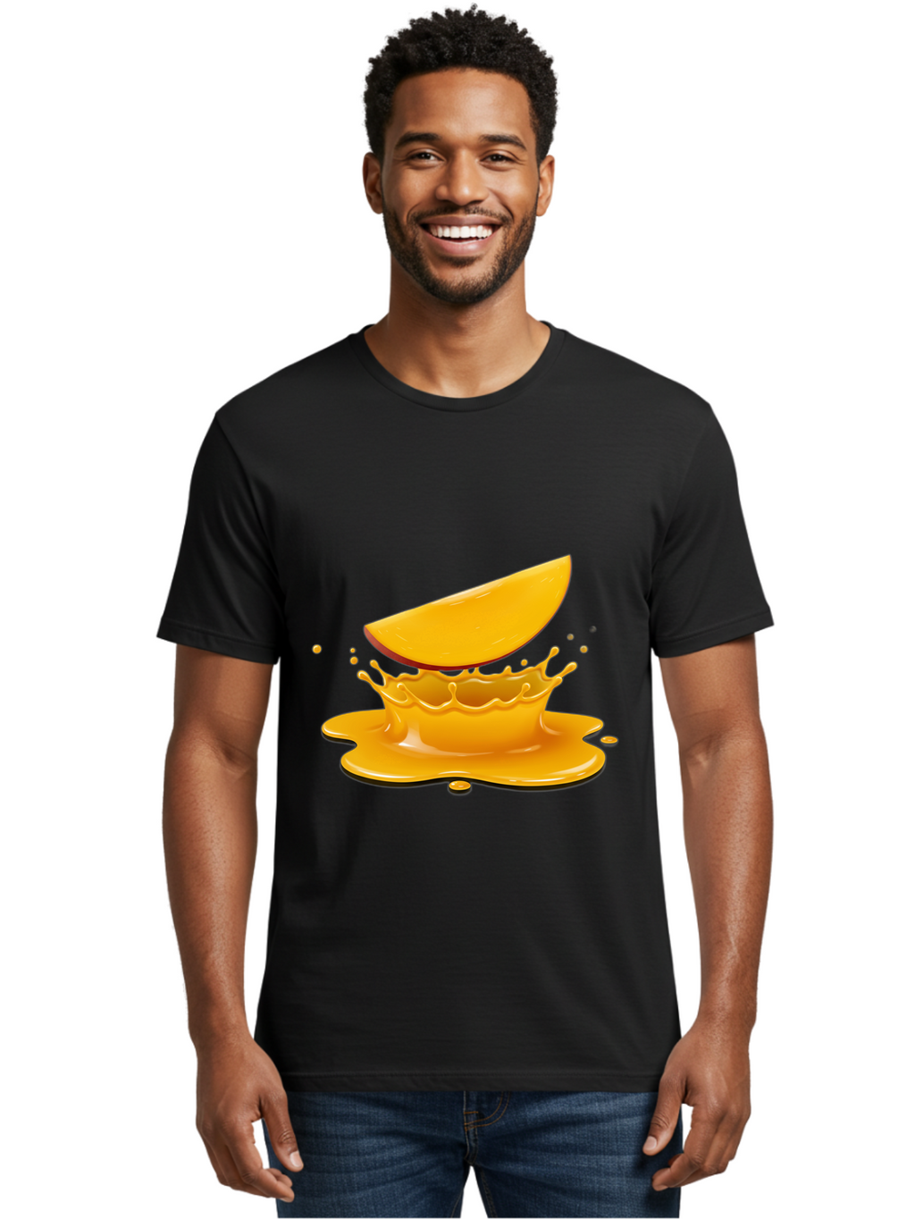 Mango-Splash Men'S Graphic Tee, 100% Cotton, Comfortable Casual Summer Wear, Machine Washable, Mango Slice, Juice Splash, Vibrant Orange, Fruity Scene, Splashing Juice, Summer Drink, Tropical Flavors, Refreshing Drink, Healthy Snack Bac165