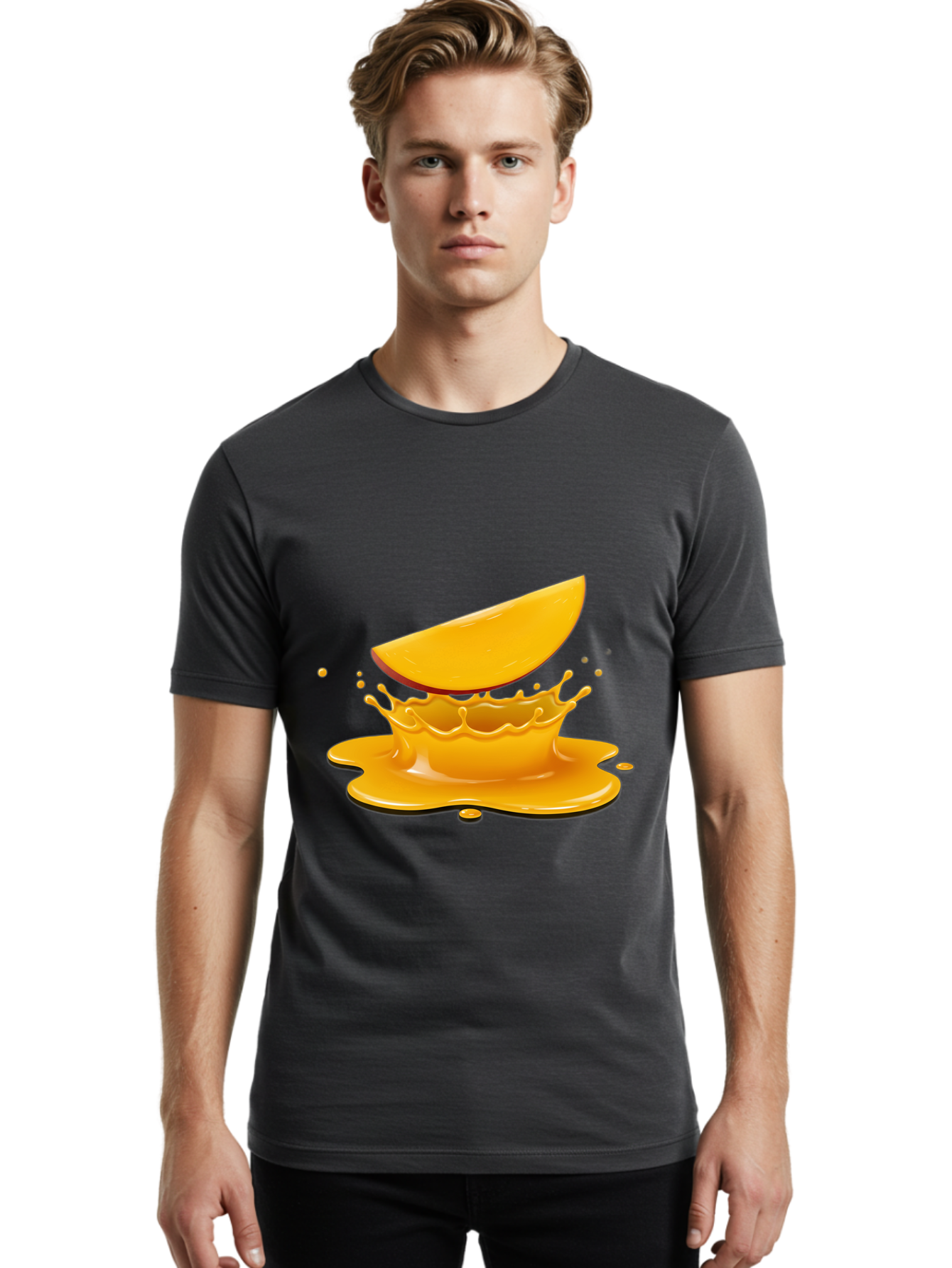 Mango-Splash Men'S Graphic Tee, 100% Cotton, Comfortable Casual Summer Wear, Machine Washable, Mango Slice, Juice Splash, Vibrant Orange, Fruity Scene, Splashing Juice, Summer Drink, Tropical Flavors, Refreshing Drink, Healthy Snack Bac165