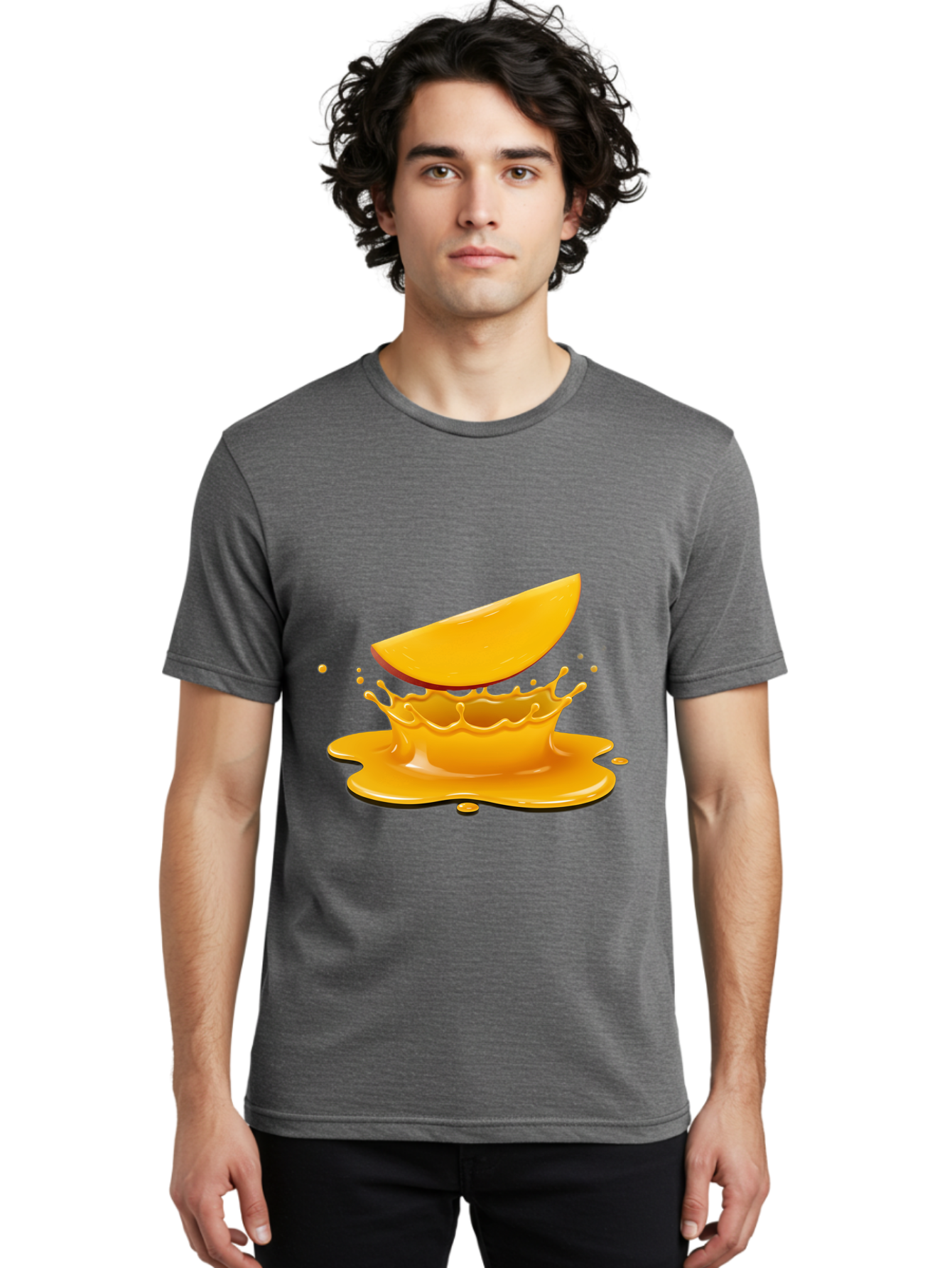 Mango-Splash Men'S Graphic Tee, 100% Cotton, Comfortable Casual Summer Wear, Machine Washable, Mango Slice, Juice Splash, Vibrant Orange, Fruity Scene, Splashing Juice, Summer Drink, Tropical Flavors, Refreshing Drink, Healthy Snack Bac165