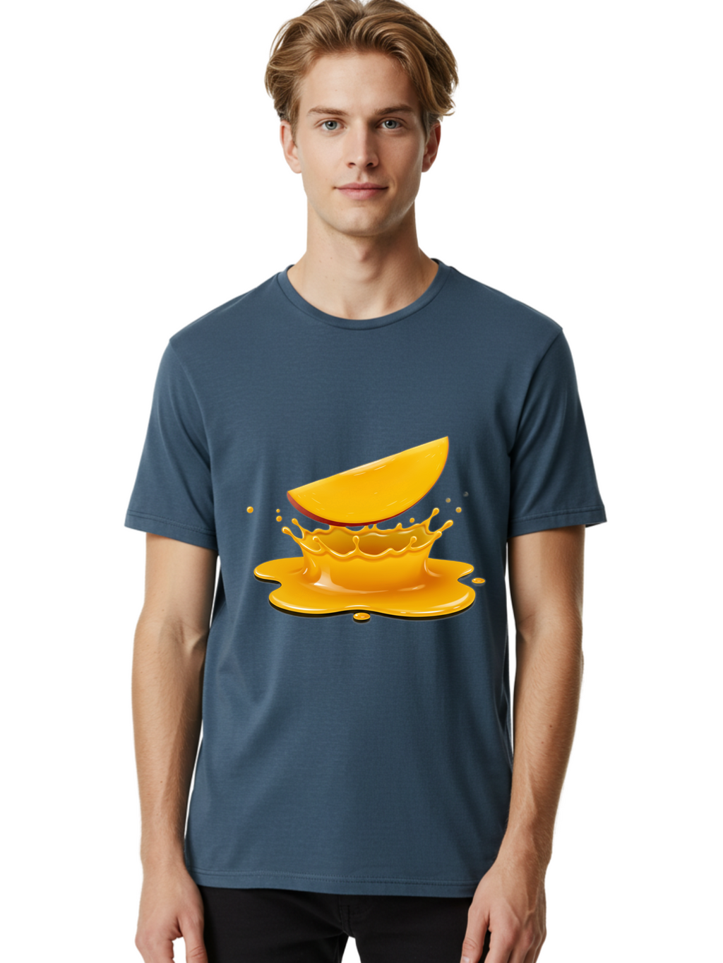 Mango-Splash Men'S Graphic Tee, 100% Cotton, Comfortable Casual Summer Wear, Machine Washable, Mango Slice, Juice Splash, Vibrant Orange, Fruity Scene, Splashing Juice, Summer Drink, Tropical Flavors, Refreshing Drink, Healthy Snack Bac165