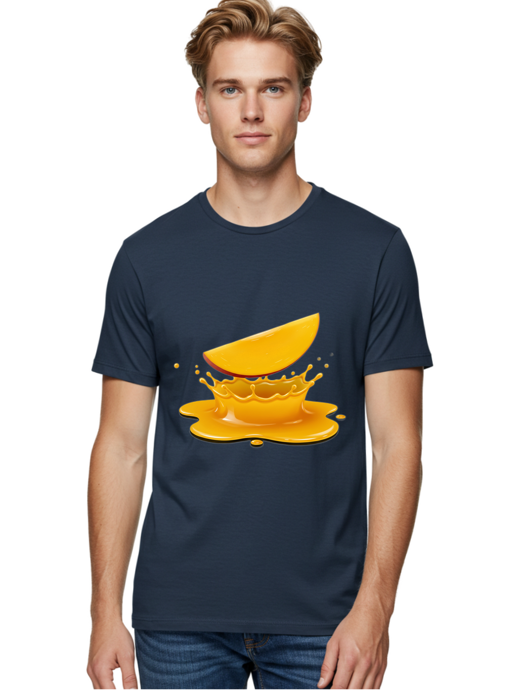 Mango-Splash Men'S Graphic Tee, 100% Cotton, Comfortable Casual Summer Wear, Machine Washable, Mango Slice, Juice Splash, Vibrant Orange, Fruity Scene, Splashing Juice, Summer Drink, Tropical Flavors, Refreshing Drink, Healthy Snack Bac165