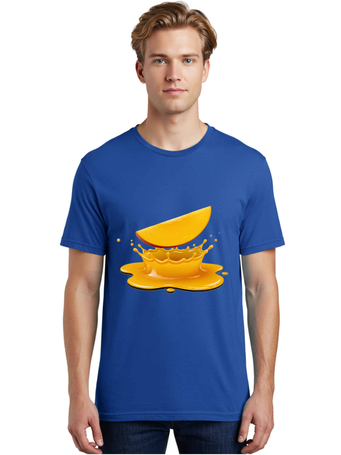 Mango-Splash Men'S Graphic Tee, 100% Cotton, Comfortable Casual Summer Wear, Machine Washable, Mango Slice, Juice Splash, Vibrant Orange, Fruity Scene, Splashing Juice, Summer Drink, Tropical Flavors, Refreshing Drink, Healthy Snack Bac165