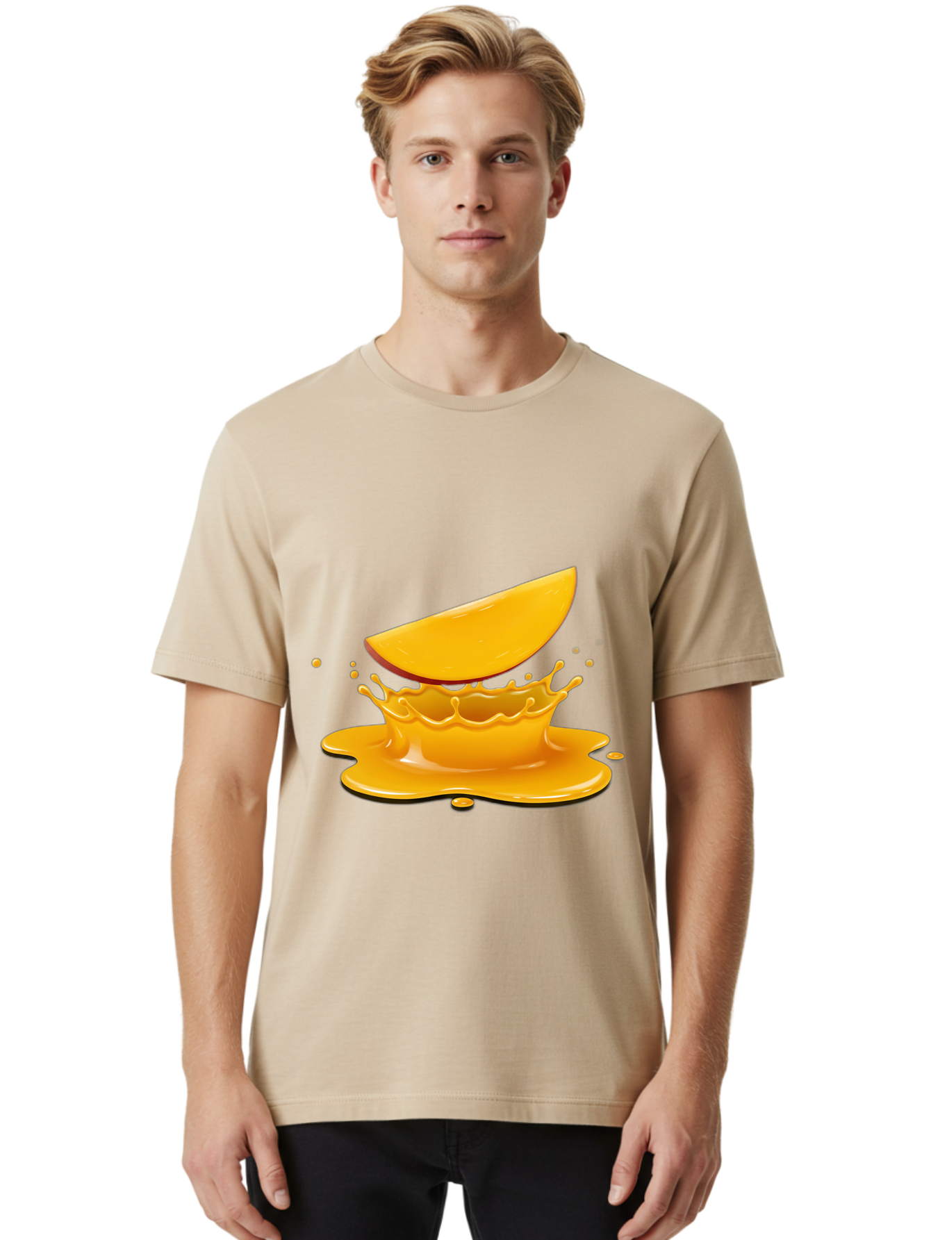 Mango-Splash Men'S Graphic Tee, 100% Cotton, Comfortable Casual Summer Wear, Machine Washable, Mango Slice, Juice Splash, Vibrant Orange, Fruity Scene, Splashing Juice, Summer Drink, Tropical Flavors, Refreshing Drink, Healthy Snack Bac165