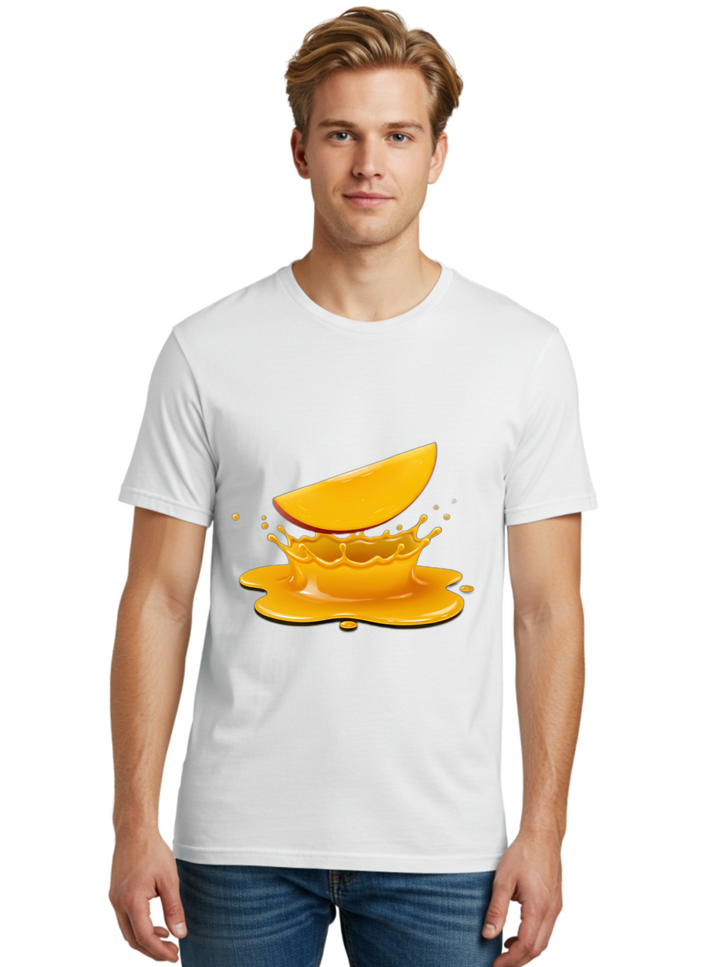 Mango-Splash Men'S Graphic Tee, 100% Cotton, Comfortable Casual Summer Wear, Machine Washable, Mango Slice, Juice Splash, Vibrant Orange, Fruity Scene, Splashing Juice, Summer Drink, Tropical Flavors, Refreshing Drink, Healthy Snack Bac165