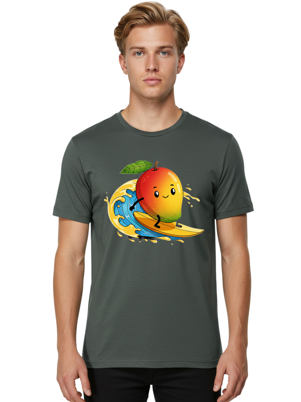 Mango-Surfing-1 Men'S Graphic Tee, 100% Cotton, Comfortable Casual Summer Wear, Machine Washable, Mango On Surfboard, Surfing Wave, Cartoon Fruit, Summer Fun, Beach Activity, Tropical Vibes, Happy Mango, Fruit Character, Playful Illustration Bac166