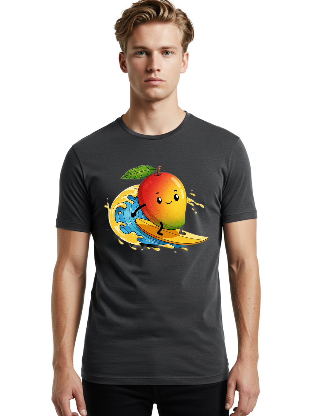 Mango-Surfing-1 Men'S Graphic Tee, 100% Cotton, Comfortable Casual Summer Wear, Machine Washable, Mango On Surfboard, Surfing Wave, Cartoon Fruit, Summer Fun, Beach Activity, Tropical Vibes, Happy Mango, Fruit Character, Playful Illustration Bac166