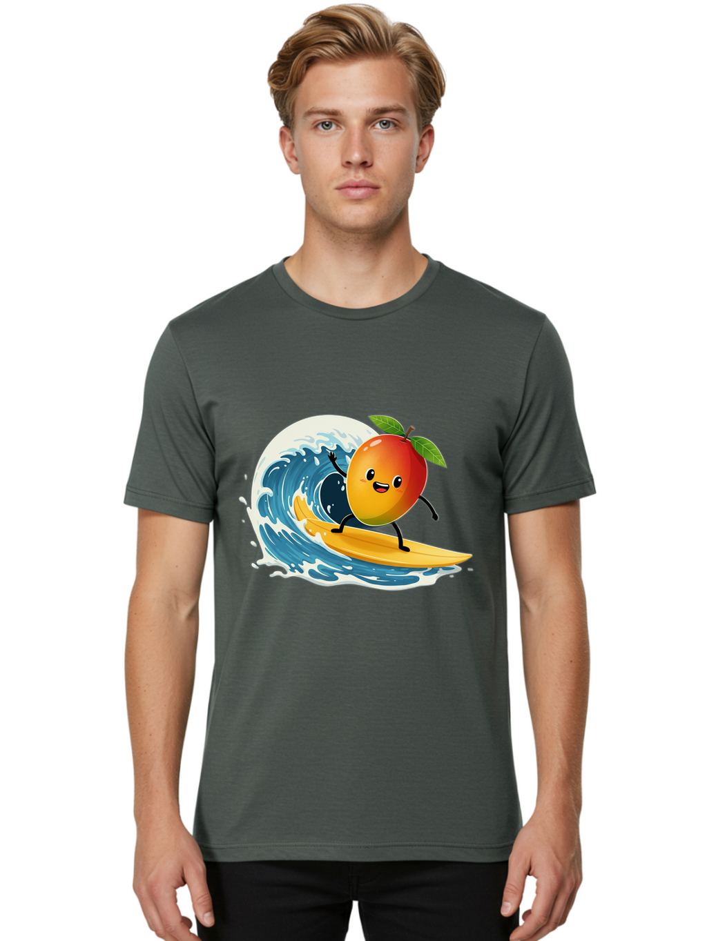 Mango-Surfing Men'S Graphic Tee, 100% Cotton, Comfortable Casual Summer Wear, Machine Washable, Cartoon Mango, Surfing Wave, Happy Face, Beach Fun, Summer Vibes, Ocean Wave, Surfing Cartoon, Playful Character, Cute Illustration Bac167