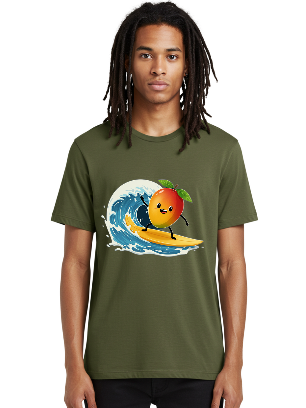 Mango-Surfing Men'S Graphic Tee, 100% Cotton, Comfortable Casual Summer Wear, Machine Washable, Cartoon Mango, Surfing Wave, Happy Face, Beach Fun, Summer Vibes, Ocean Wave, Surfing Cartoon, Playful Character, Cute Illustration Bac167