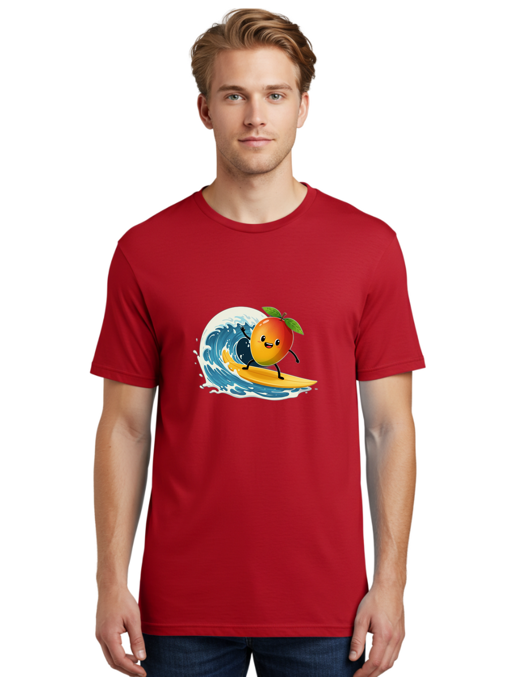 Mango-Surfing Men'S Graphic Tee, 100% Cotton, Comfortable Casual Summer Wear, Machine Washable, Cartoon Mango, Surfing Wave, Happy Face, Beach Fun, Summer Vibes, Ocean Wave, Surfing Cartoon, Playful Character, Cute Illustration Bac167