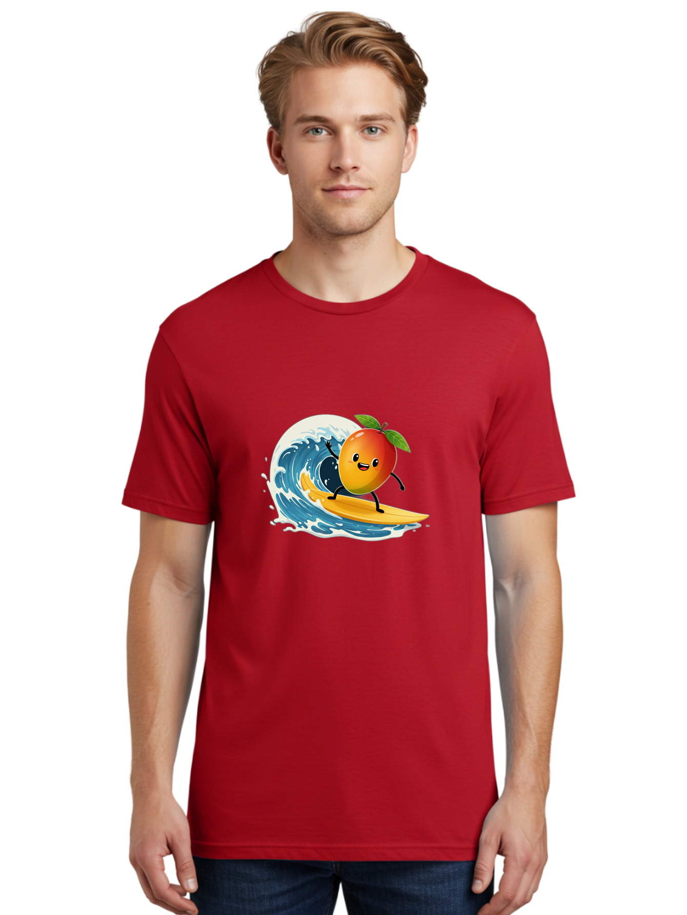 Mango-Surfing Men'S Graphic Tee, 100% Cotton, Comfortable Casual Summer Wear, Machine Washable, Cartoon Mango, Surfing Wave, Happy Face, Beach Fun, Summer Vibes, Ocean Wave, Surfing Cartoon, Playful Character, Cute Illustration Bac167