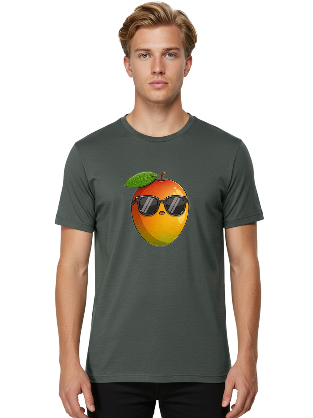 Mango-With-Shades Men'S Graphic Tee, 100% Cotton, Comfortable Casual Summer Wear, Machine Washable, Mango Character, Sunglasses, Leaf, Cartoon Style, Vibrant Colors, Funny Face, Trendy, Summer Vibes, Fruit Illustration, Kawaii Art Bac169