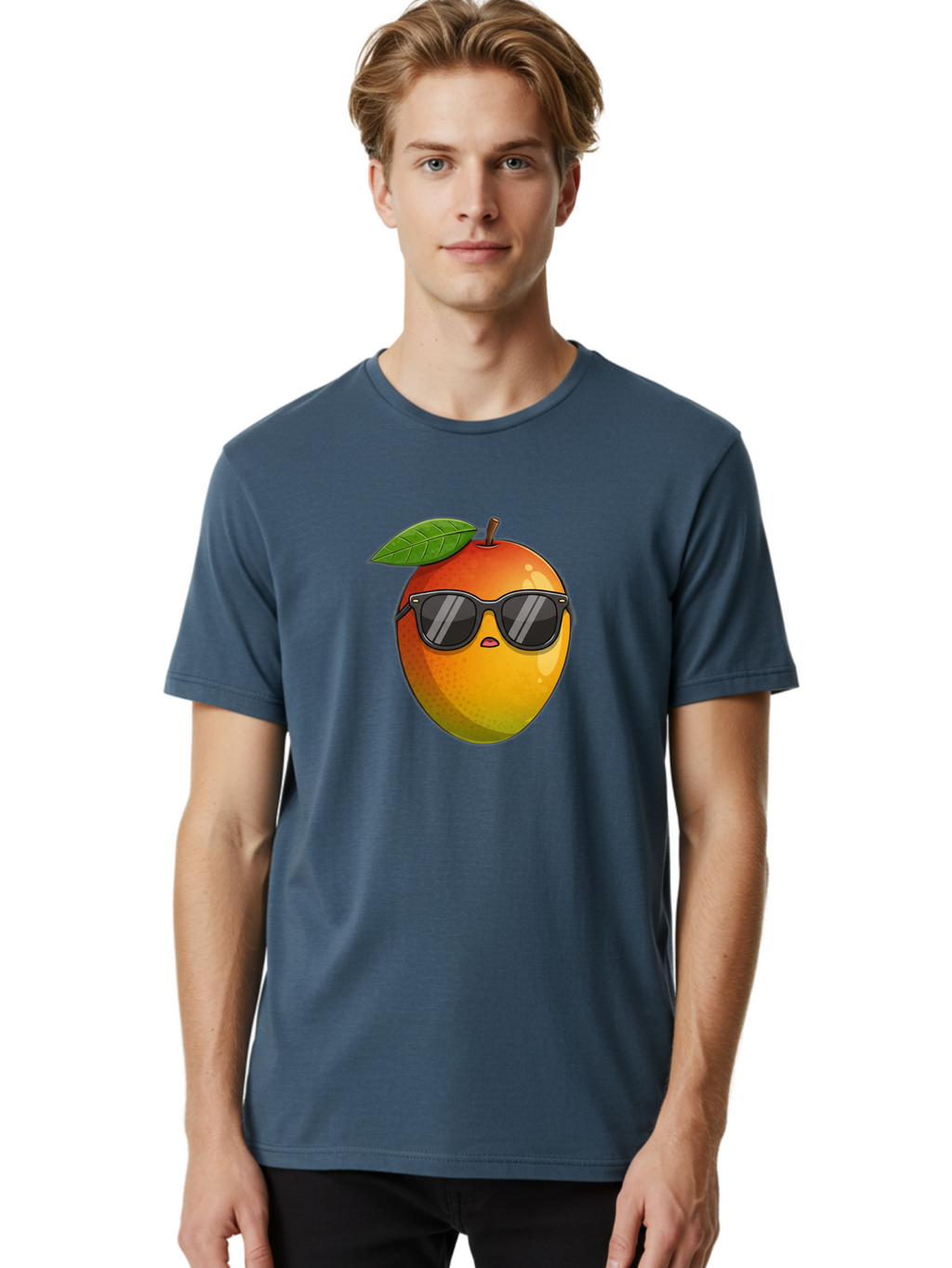 Mango-With-Shades Men'S Graphic Tee, 100% Cotton, Comfortable Casual Summer Wear, Machine Washable, Mango Character, Sunglasses, Leaf, Cartoon Style, Vibrant Colors, Funny Face, Trendy, Summer Vibes, Fruit Illustration, Kawaii Art Bac169
