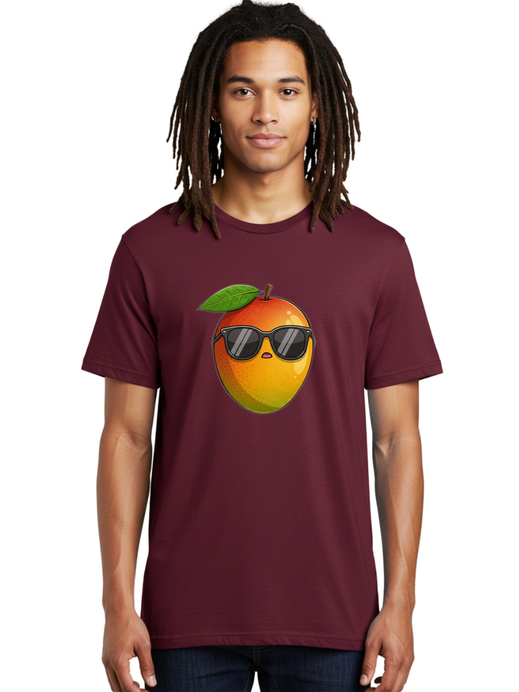 Mango-With-Shades Men'S Graphic Tee, 100% Cotton, Comfortable Casual Summer Wear, Machine Washable, Mango Character, Sunglasses, Leaf, Cartoon Style, Vibrant Colors, Funny Face, Trendy, Summer Vibes, Fruit Illustration, Kawaii Art Bac169