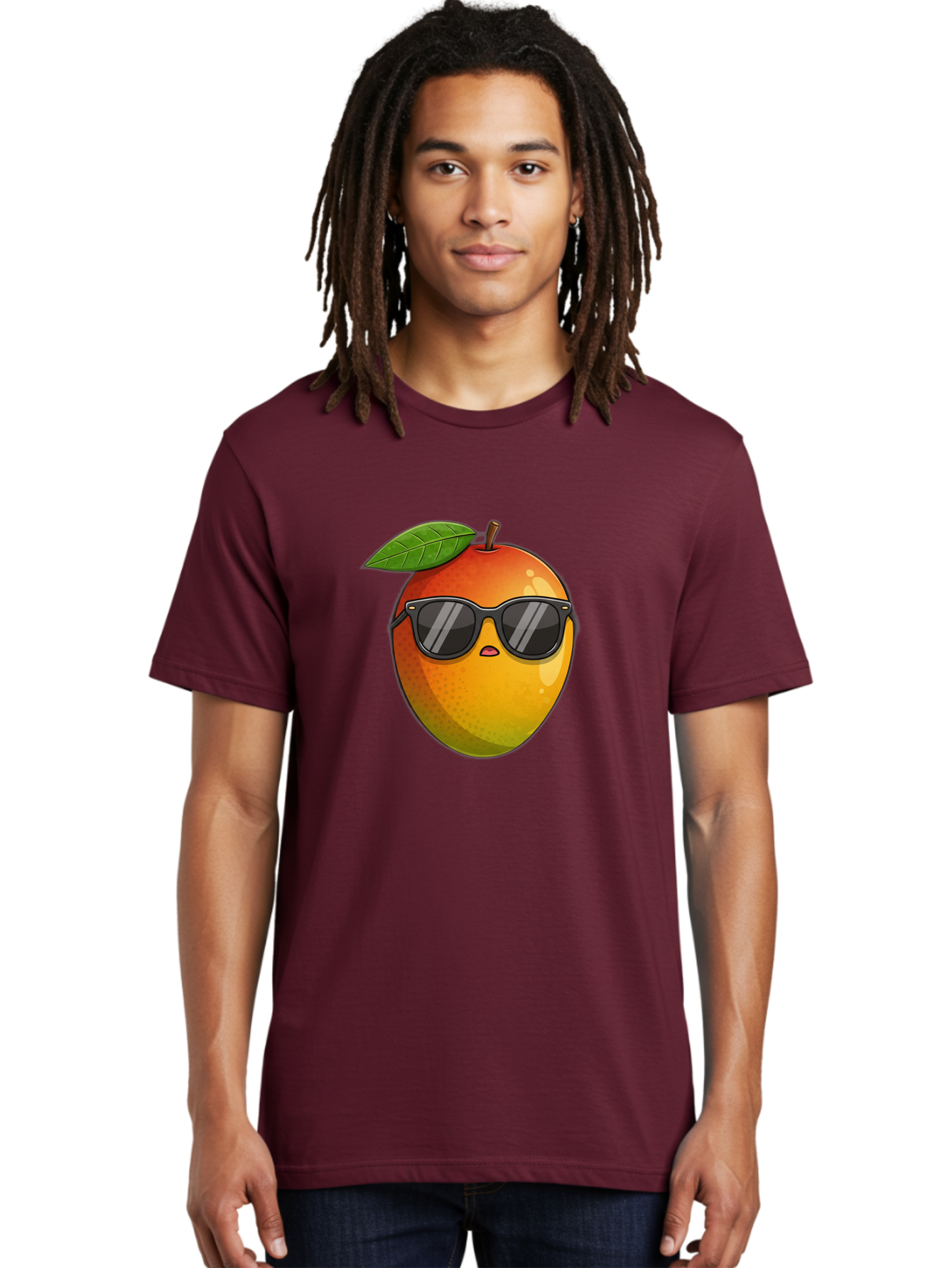 Mango-With-Shades Men'S Graphic Tee, 100% Cotton, Comfortable Casual Summer Wear, Machine Washable, Mango Character, Sunglasses, Leaf, Cartoon Style, Vibrant Colors, Funny Face, Trendy, Summer Vibes, Fruit Illustration, Kawaii Art Bac169