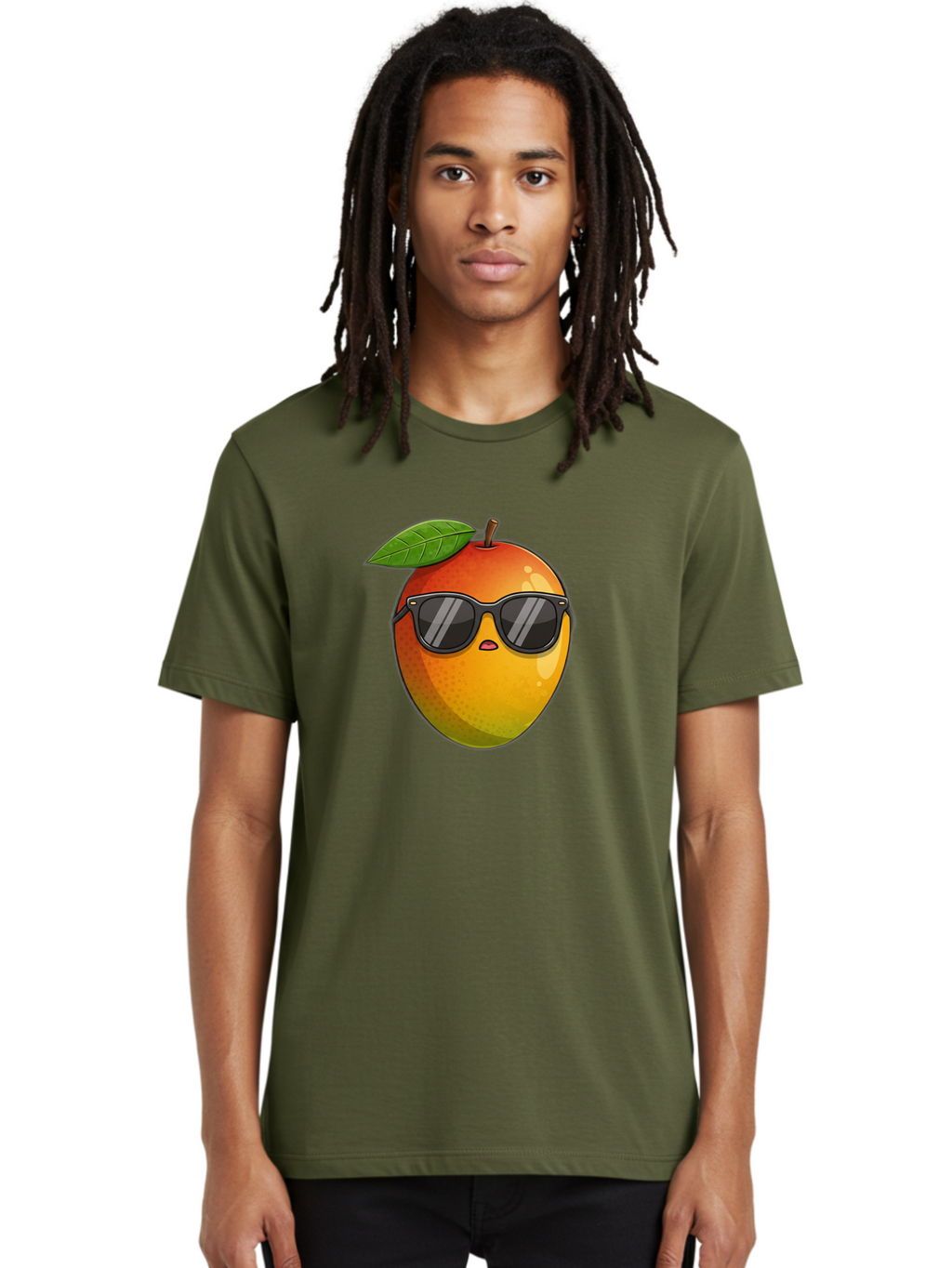 Mango-With-Shades Men'S Graphic Tee, 100% Cotton, Comfortable Casual Summer Wear, Machine Washable, Mango Character, Sunglasses, Leaf, Cartoon Style, Vibrant Colors, Funny Face, Trendy, Summer Vibes, Fruit Illustration, Kawaii Art Bac169
