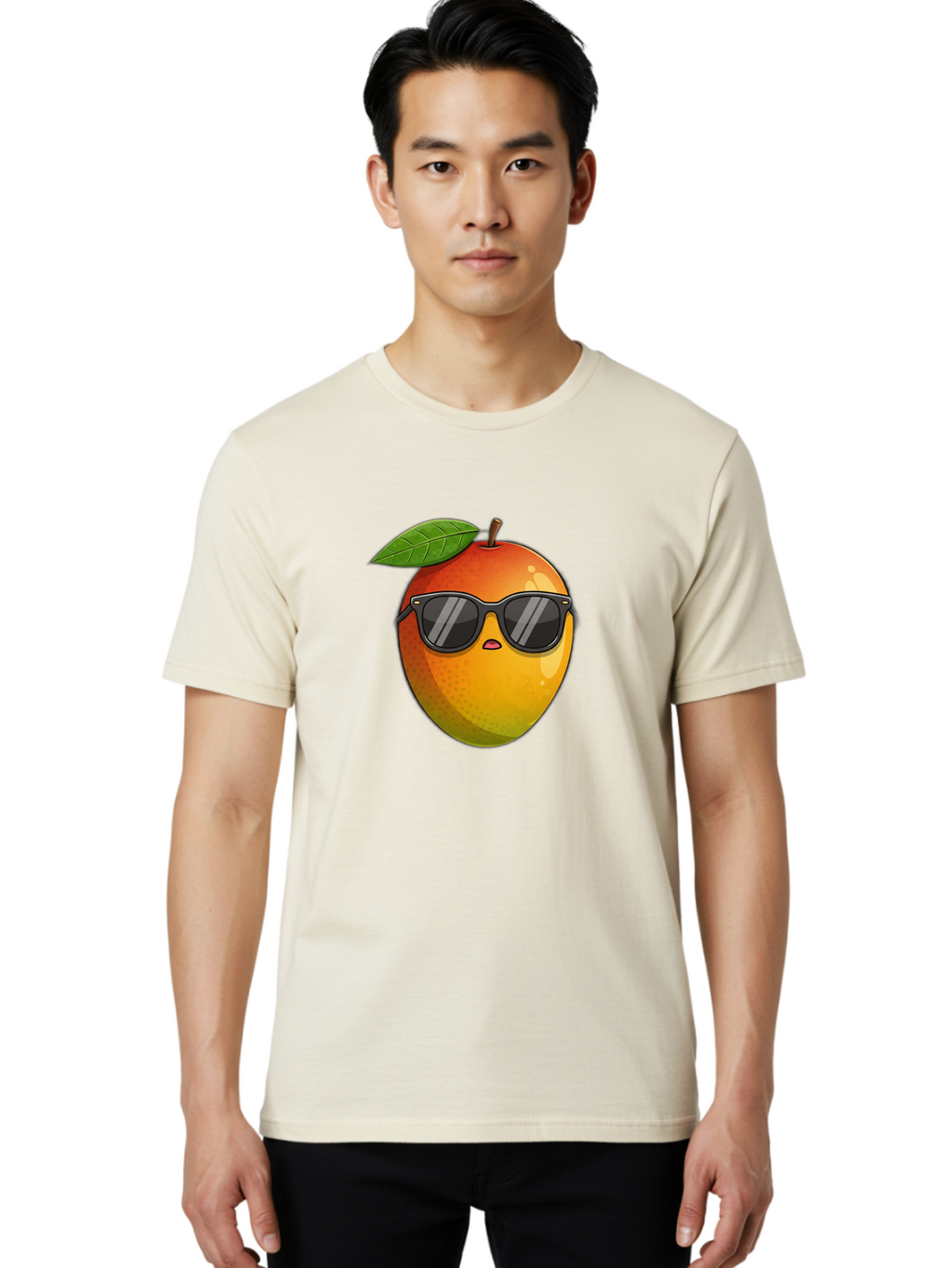 Mango-With-Shades Men'S Graphic Tee, 100% Cotton, Comfortable Casual Summer Wear, Machine Washable, Mango Character, Sunglasses, Leaf, Cartoon Style, Vibrant Colors, Funny Face, Trendy, Summer Vibes, Fruit Illustration, Kawaii Art Bac169
