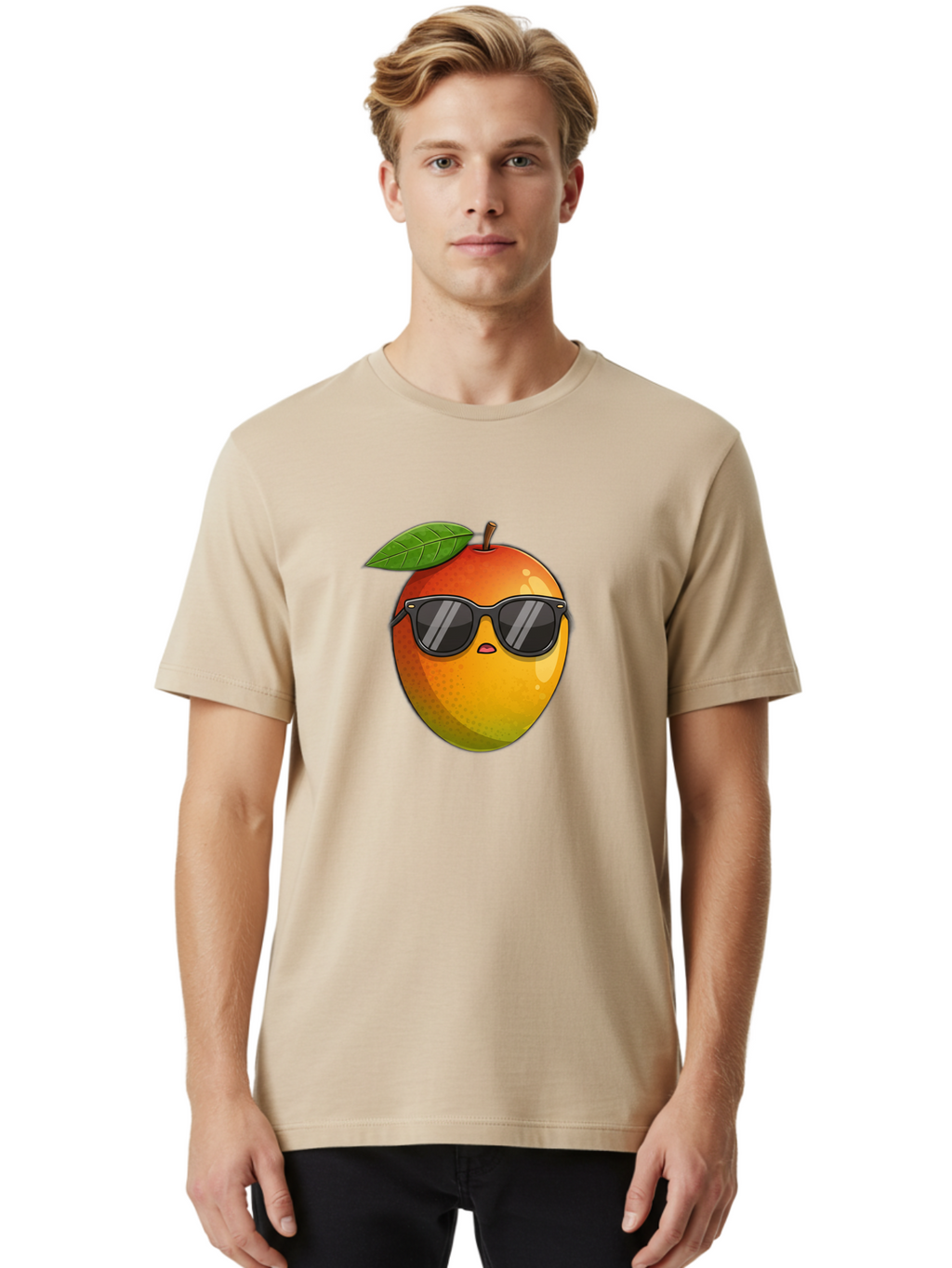 Mango-With-Shades Men'S Graphic Tee, 100% Cotton, Comfortable Casual Summer Wear, Machine Washable, Mango Character, Sunglasses, Leaf, Cartoon Style, Vibrant Colors, Funny Face, Trendy, Summer Vibes, Fruit Illustration, Kawaii Art Bac169