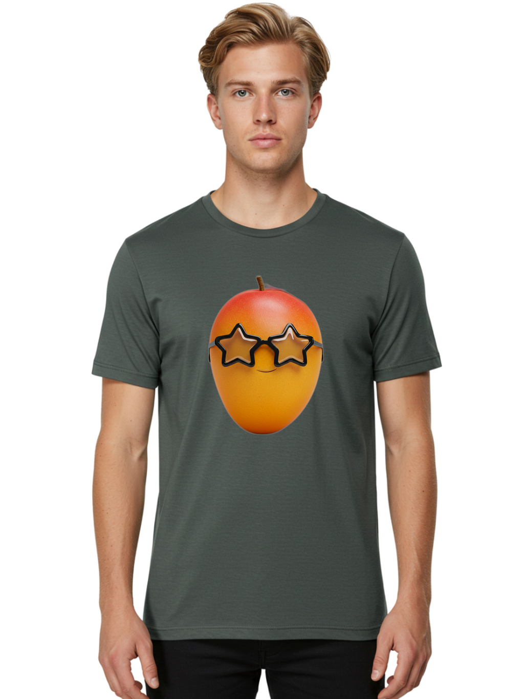 Mango-With-Star-Sunglasses Men'S Graphic Tee, 100% Cotton, Comfortable Casual Summer Wear, Machine Washable, Mango Fruit, Star-Shaped Sunglasses, Cool And Trendy, Vibrant Colors, Playful Vibe, Summer Vibes, Tropical Feel, Fresh Produce, Bac170