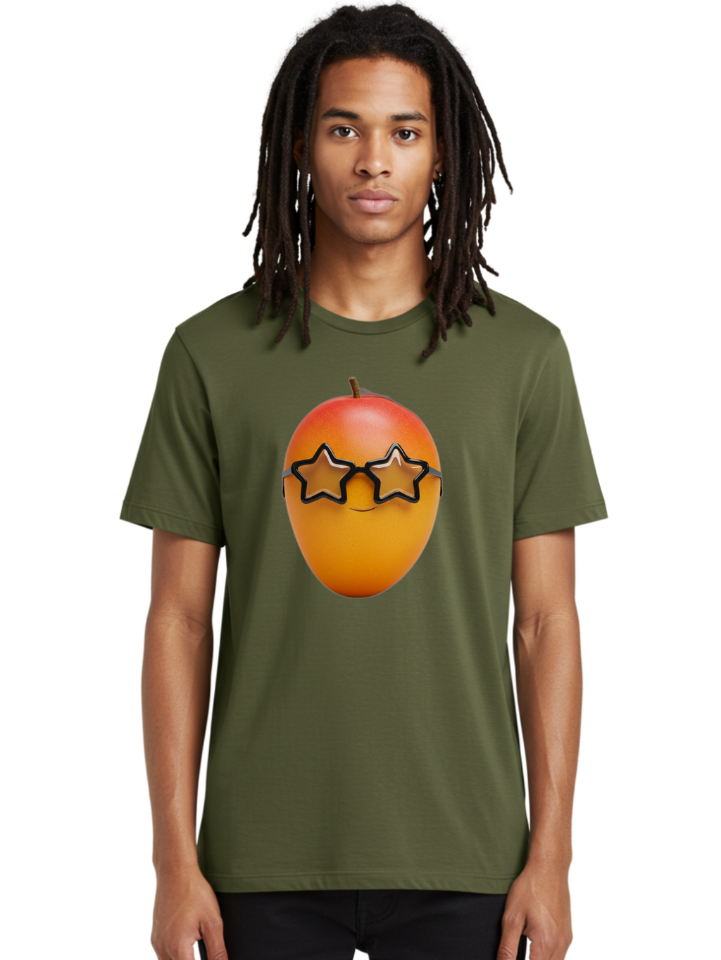 Mango-With-Star-Sunglasses Men'S Graphic Tee, 100% Cotton, Comfortable Casual Summer Wear, Machine Washable, Mango Fruit, Star-Shaped Sunglasses, Cool And Trendy, Vibrant Colors, Playful Vibe, Summer Vibes, Tropical Feel, Fresh Produce, Bac170