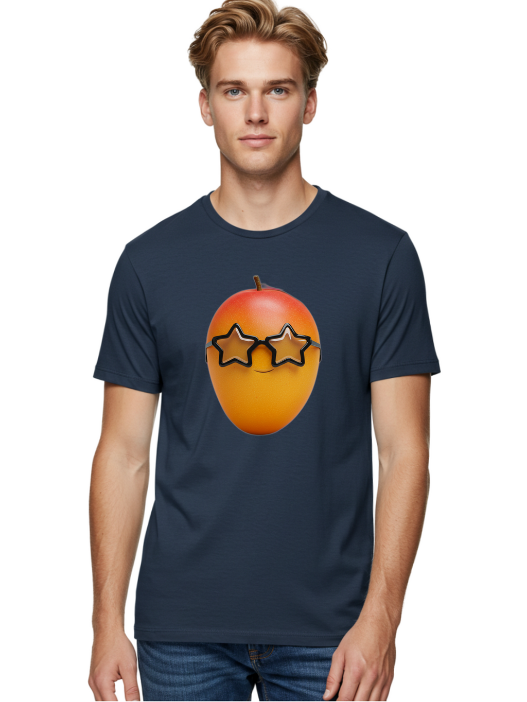 Mango-With-Star-Sunglasses Men'S Graphic Tee, 100% Cotton, Comfortable Casual Summer Wear, Machine Washable, Mango Fruit, Star-Shaped Sunglasses, Cool And Trendy, Vibrant Colors, Playful Vibe, Summer Vibes, Tropical Feel, Fresh Produce, Bac170
