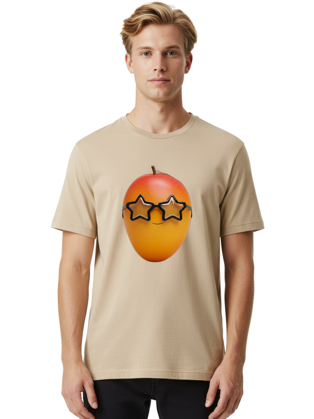 Mango-With-Star-Sunglasses Men'S Graphic Tee, 100% Cotton, Comfortable Casual Summer Wear, Machine Washable, Mango Fruit, Star-Shaped Sunglasses, Cool And Trendy, Vibrant Colors, Playful Vibe, Summer Vibes, Tropical Feel, Fresh Produce, Bac170