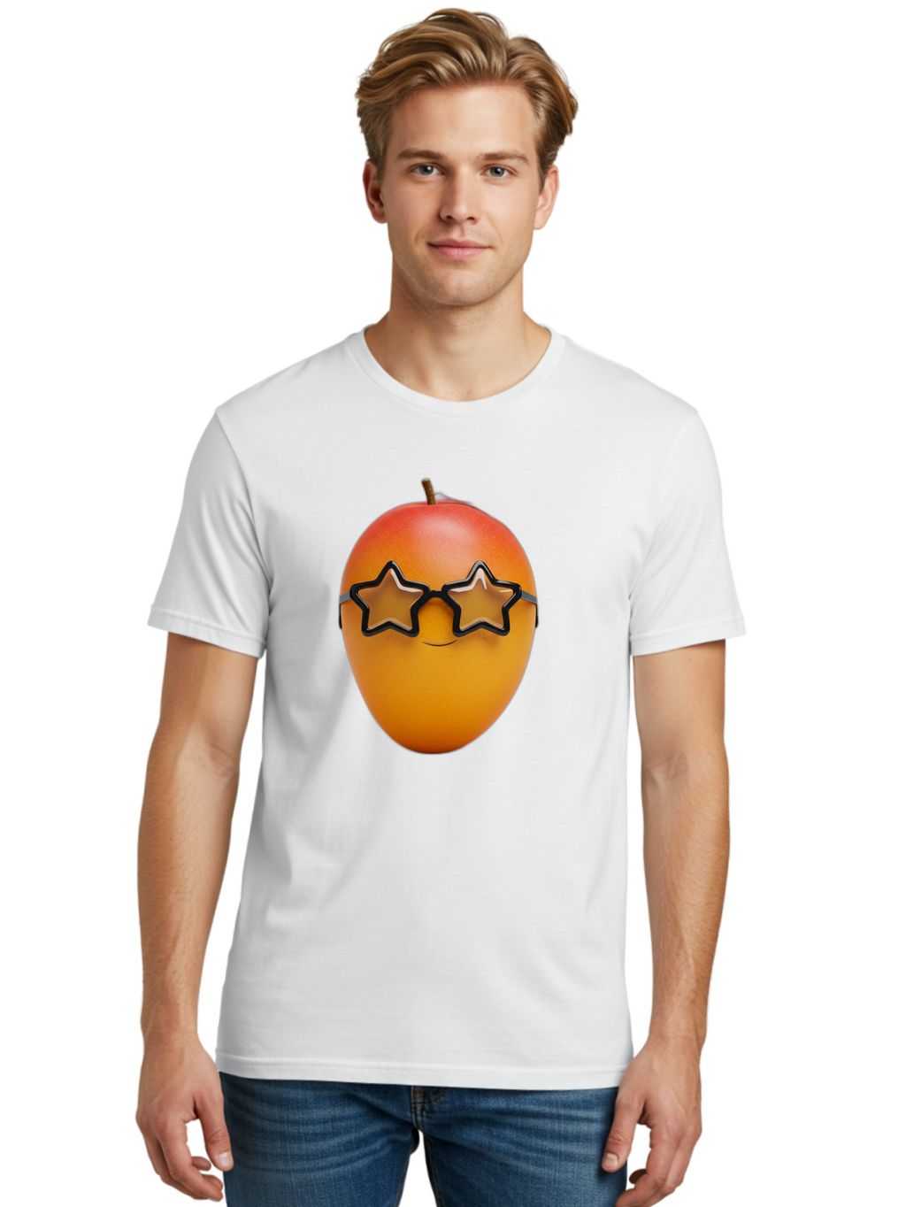 Mango-With-Star-Sunglasses Men'S Graphic Tee, 100% Cotton, Comfortable Casual Summer Wear, Machine Washable, Mango Fruit, Star-Shaped Sunglasses, Cool And Trendy, Vibrant Colors, Playful Vibe, Summer Vibes, Tropical Feel, Fresh Produce, Bac170