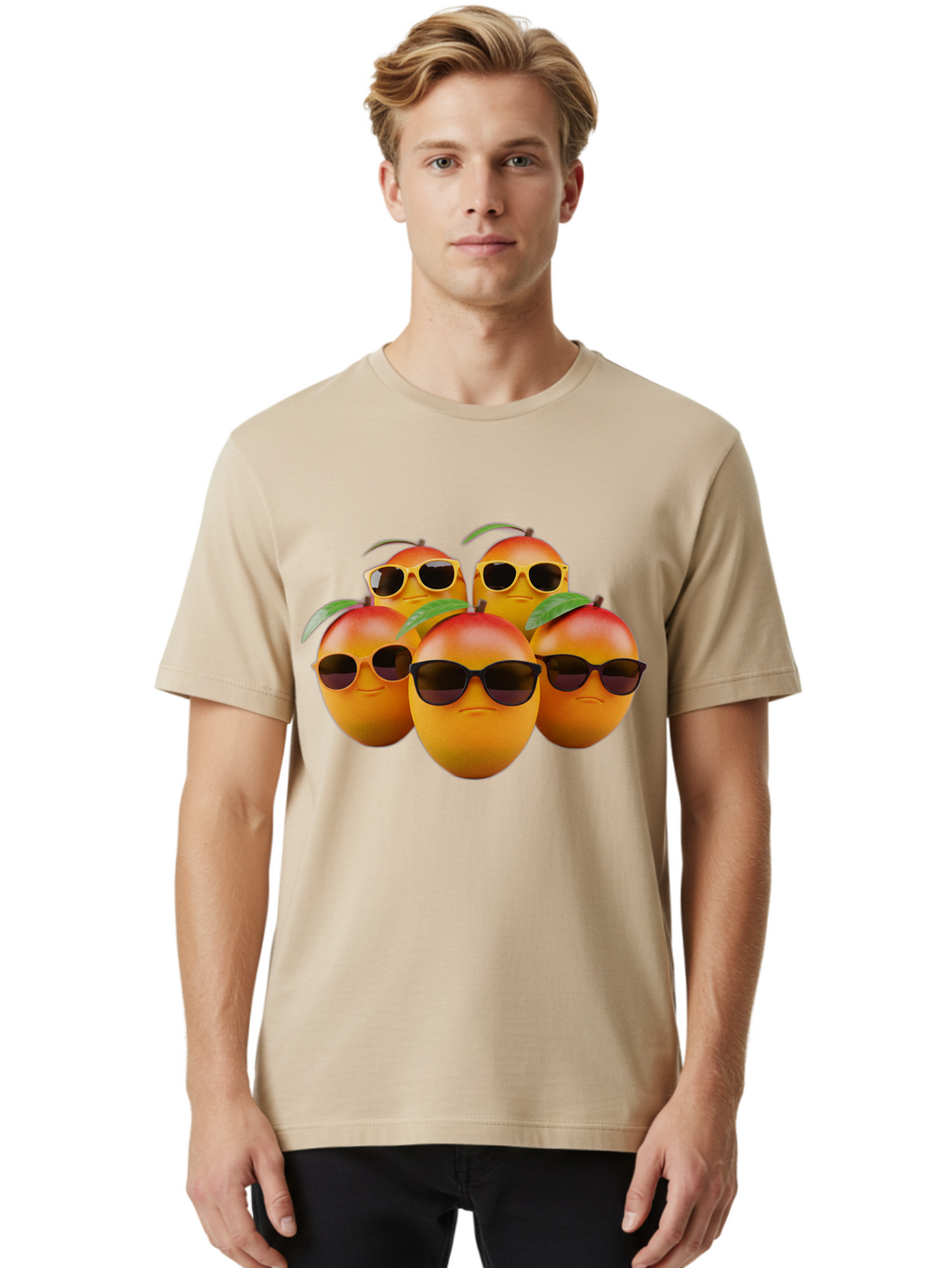 Mangoes-With-Sunglasses Men'S Graphic Tee, 100% Cotton, Comfortable Casual Summer Wear, Machine Washable, Mangoes Wearing Sunglasses, Cool Fruit, Summer Vibes, Cartoon Characters, Funny Faces, Vibrant Colors, Playful Design, Tropical Feel Bac172